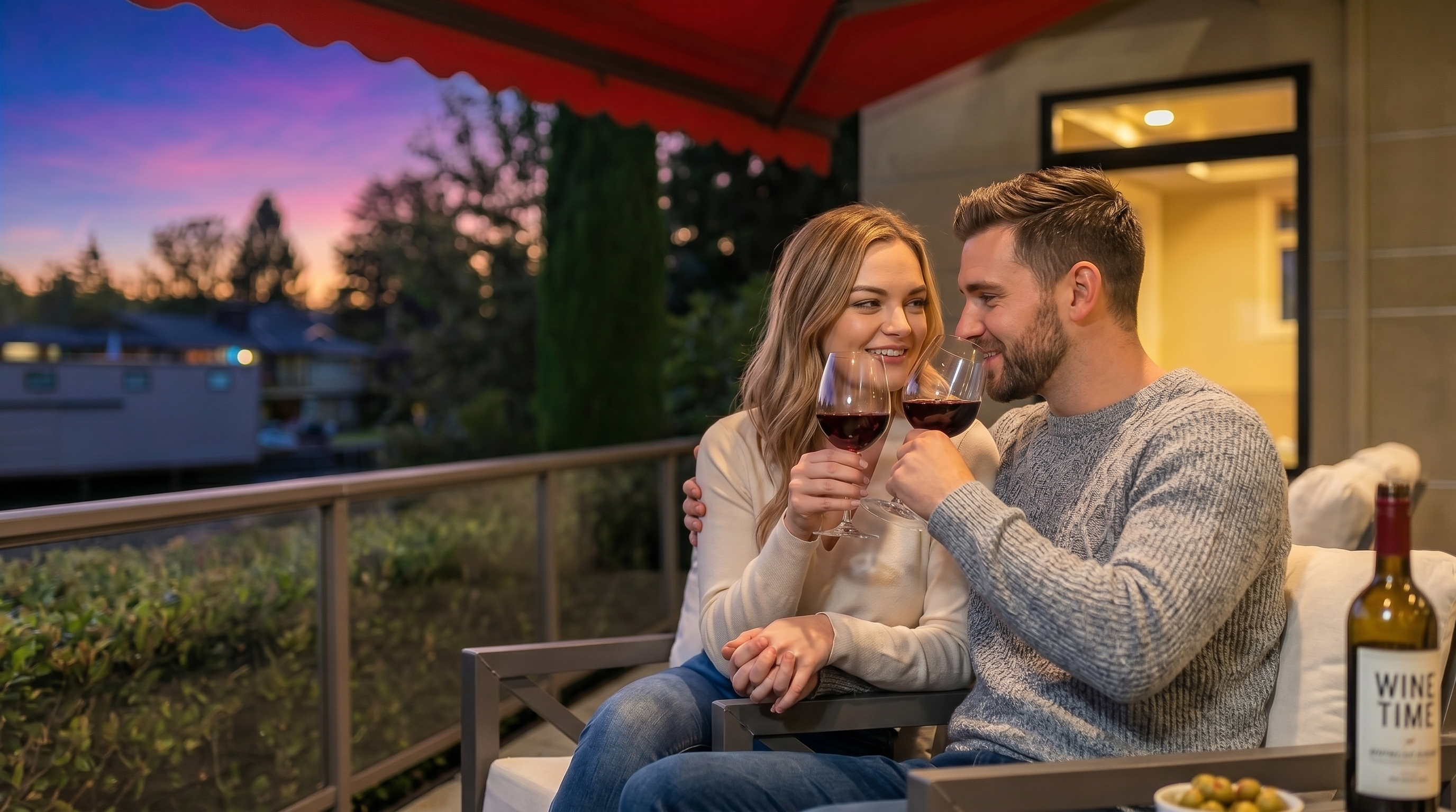 This elevated balcony features paved stone flooring and a modern glass railing, offering a serene view of a calm canal at sunset. A retractable red awning provides shade over the seating area, which is furnished with two comfortable rocking chairs. The scene captures a peaceful waterfront atmosphere, perfect for relaxing while overlooking the water and neighboring homes.