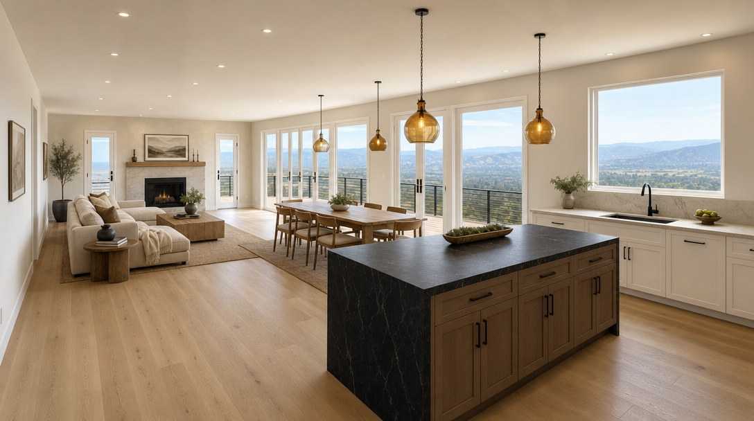 This bright and airy open-concept space seamlessly integrates a modern living room, dining area, and kitchen, characterized by high ceilings and expansive windows that showcase stunning panoramic views. The interior features light oak hardwood flooring, clean lines, and a neutral color palette, anchored by a sleek fireplace and a sophisticated black-stone kitchen island. It provides a luxurious yet inviting atmosphere, ideal for contemporary indoor-outdoor living.