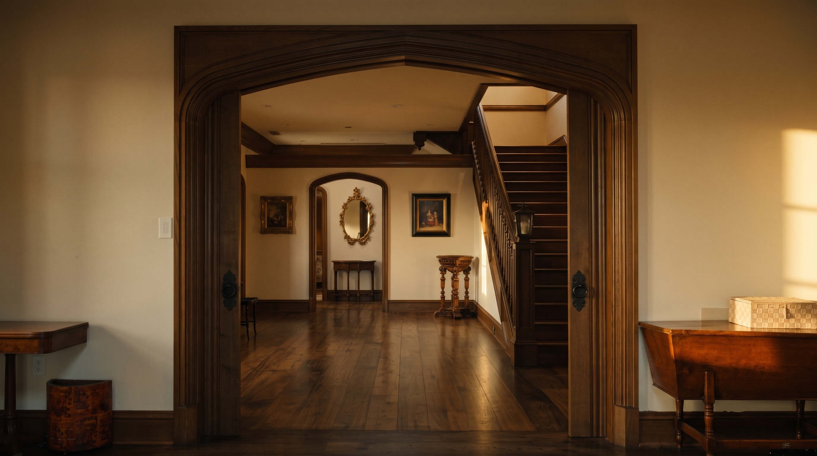 This elegant interior view features a grand, arched wooden doorway that frames a transition into a formal hallway and staircase area. The space is characterized by rich, dark wood flooring, intricate woodwork, and classic decor, including framed artwork and a decorative mirror. The perspective is centered, drawing the eye through the architectural archway toward the staircase and the refined, traditional aesthetic of the home.