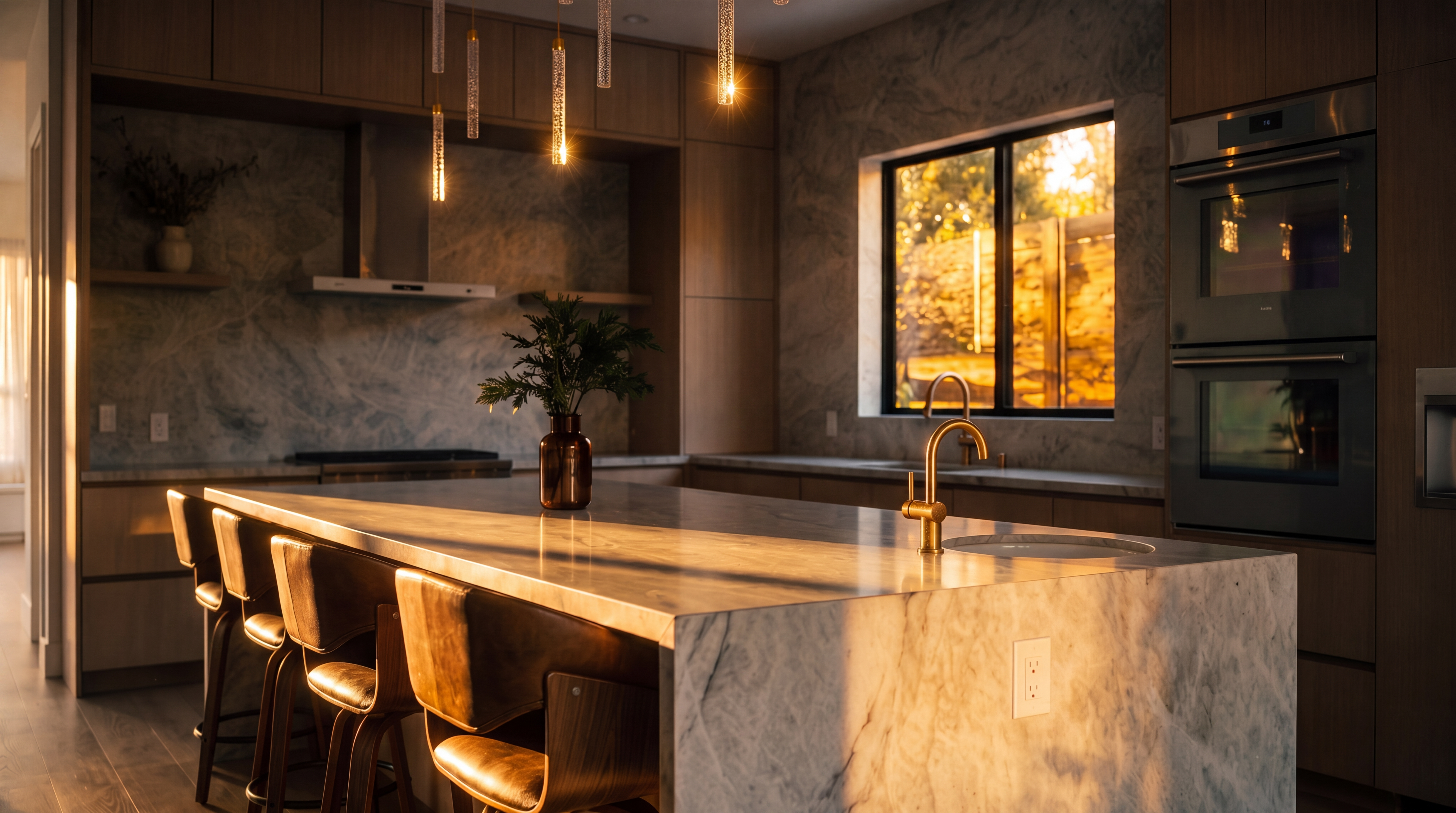 This modern, open-concept kitchen features light wood cabinetry and a large central island topped with a stone surface. The space is illuminated by a series of slender, vertical pendant lights and recessed lighting, creating a bright and airy atmosphere. A stone-clad backsplash complements the sleek, integrated appliances and minimalist design, offering a sophisticated and functional culinary space.