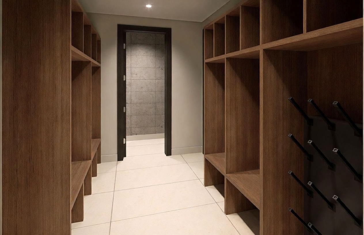This walk-in closet features extensive custom wood shelving and storage cubbies lining both sides of the room. The space is finished with light-colored tile flooring and leads to a doorway with a textured, grey-toned wall finish. The perspective is centered, looking through the storage area toward the adjacent room, creating a clean and organized aesthetic.