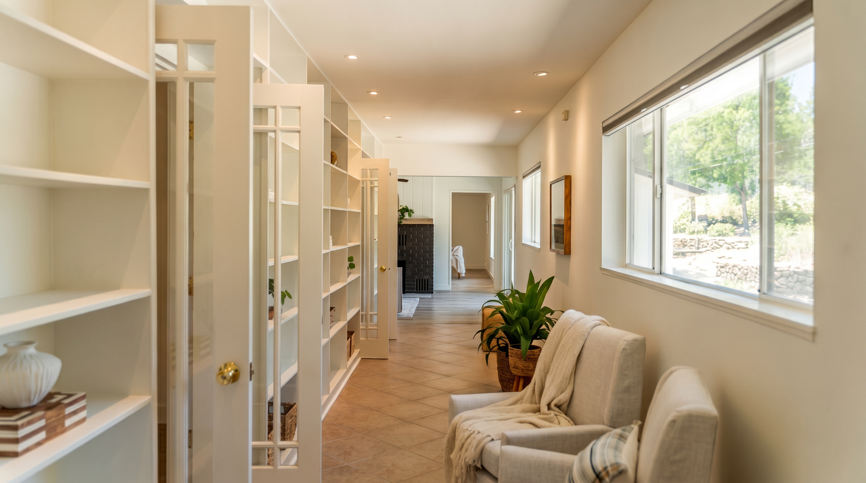 This bright, airy hallway features extensive built-in white shelving units lining one side, providing ample storage and display space. Two comfortable armchairs with a soft throw blanket are positioned near a large window, creating a cozy reading nook. The space is finished with neutral-toned tile flooring and recessed lighting, leading the eye toward a distant room with a dark-toned fireplace surround.