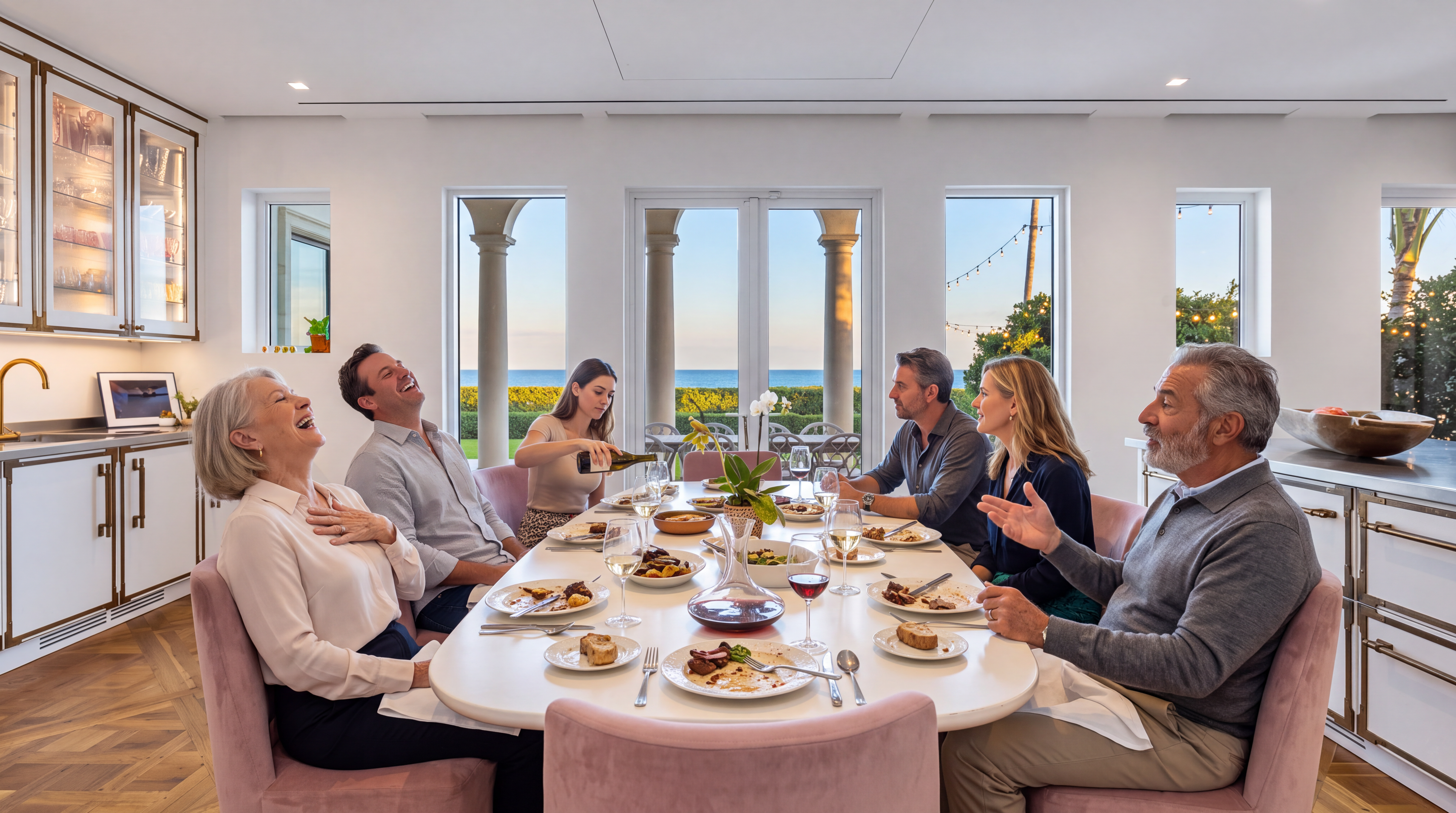 This elegant dining room features a large, contemporary white dining table surrounded by plush, velvet-upholstered chairs, perfect for hosting social gatherings. The space is highlighted by a bright, open floor plan that seamlessly integrates with a luxury kitchen and showcases stunning views of the ocean through floor-to-ceiling glass doors. The sophisticated design and warm, inviting atmosphere make this an ideal setting for high-end residential living.