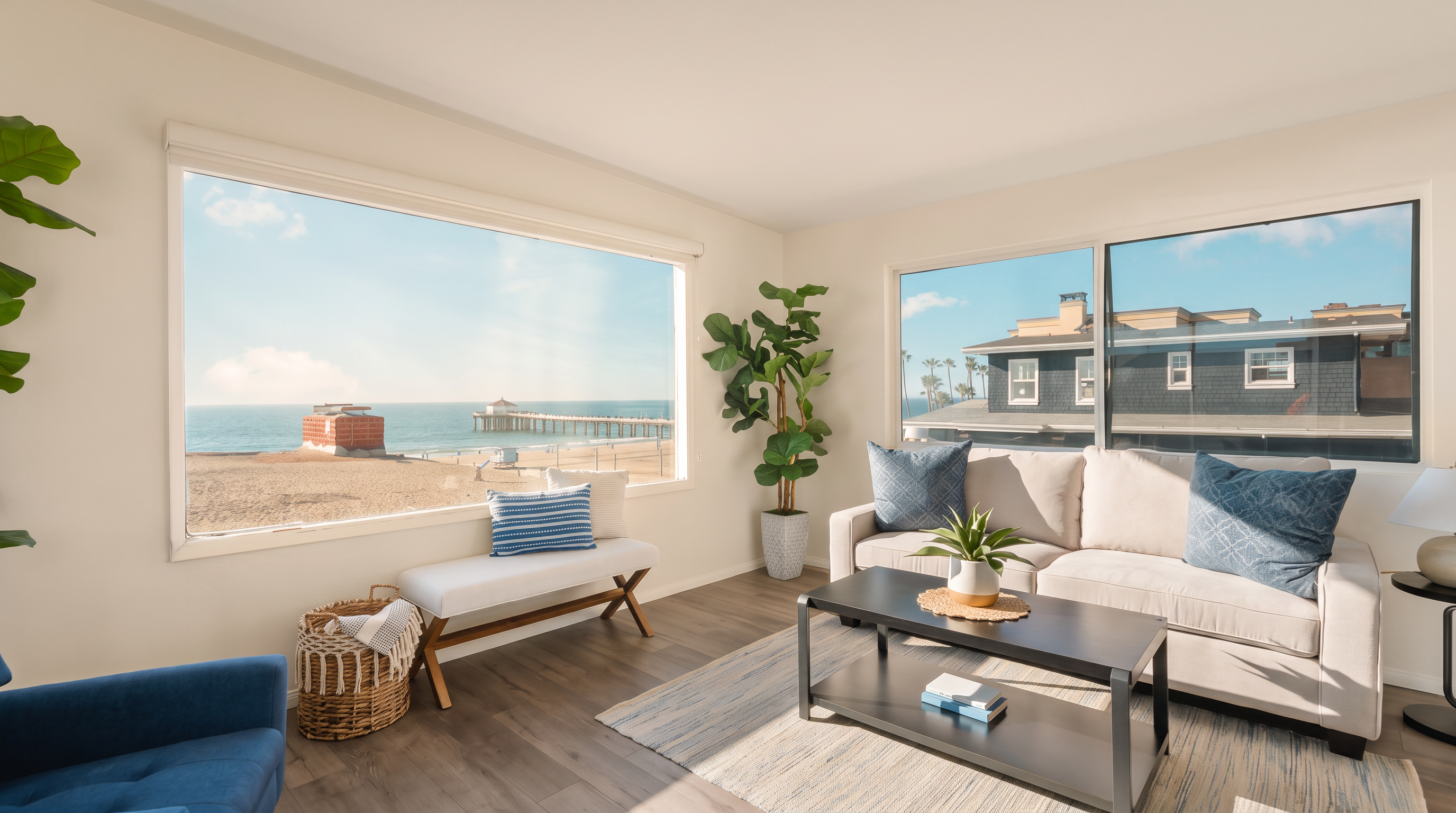 This bright living room features a neutral color palette and large windows that frame a panoramic view of the ocean and a pier. The space is furnished with a light-toned sofa, a dark coffee table, and a blue accent chair, all arranged on a textured area rug over wood-look flooring. A potted plant adds a touch of greenery, creating a serene and inviting atmosphere that emphasizes the coastal location.