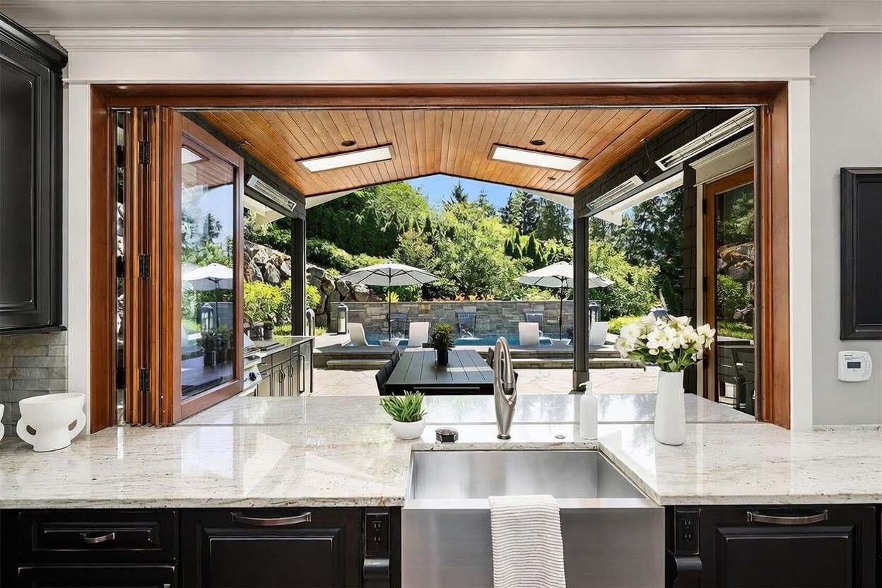 This interior kitchen view features a large stainless steel farmhouse sink set into a light-colored stone countertop, looking out through a wide, open folding door system. The seamless transition leads to a covered outdoor patio with a dining area and a swimming pool with water features, creating an expansive indoor-outdoor living experience. The kitchen is framed by dark cabinetry and a clean, neutral aesthetic that highlights the lush, landscaped backyard beyond.