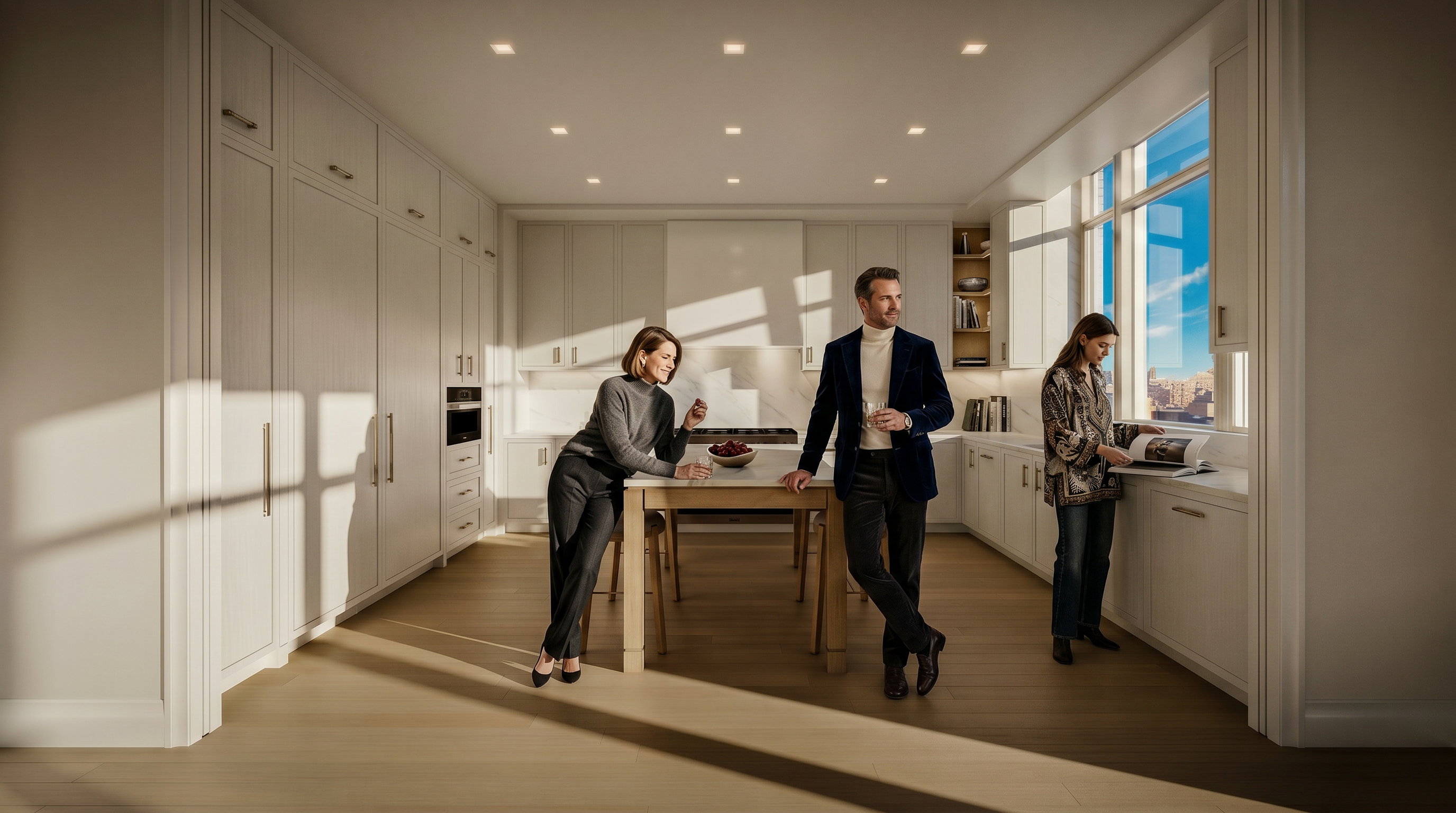 This bright, modern kitchen features a U-shaped layout with crisp white cabinetry and a central island topped with light stone. The space is illuminated by recessed lighting and natural light streaming through large windows on the right, highlighting the light wood flooring. The clean, minimalist aesthetic is complemented by integrated appliances and a neutral color palette, creating an airy and inviting atmosphere.
