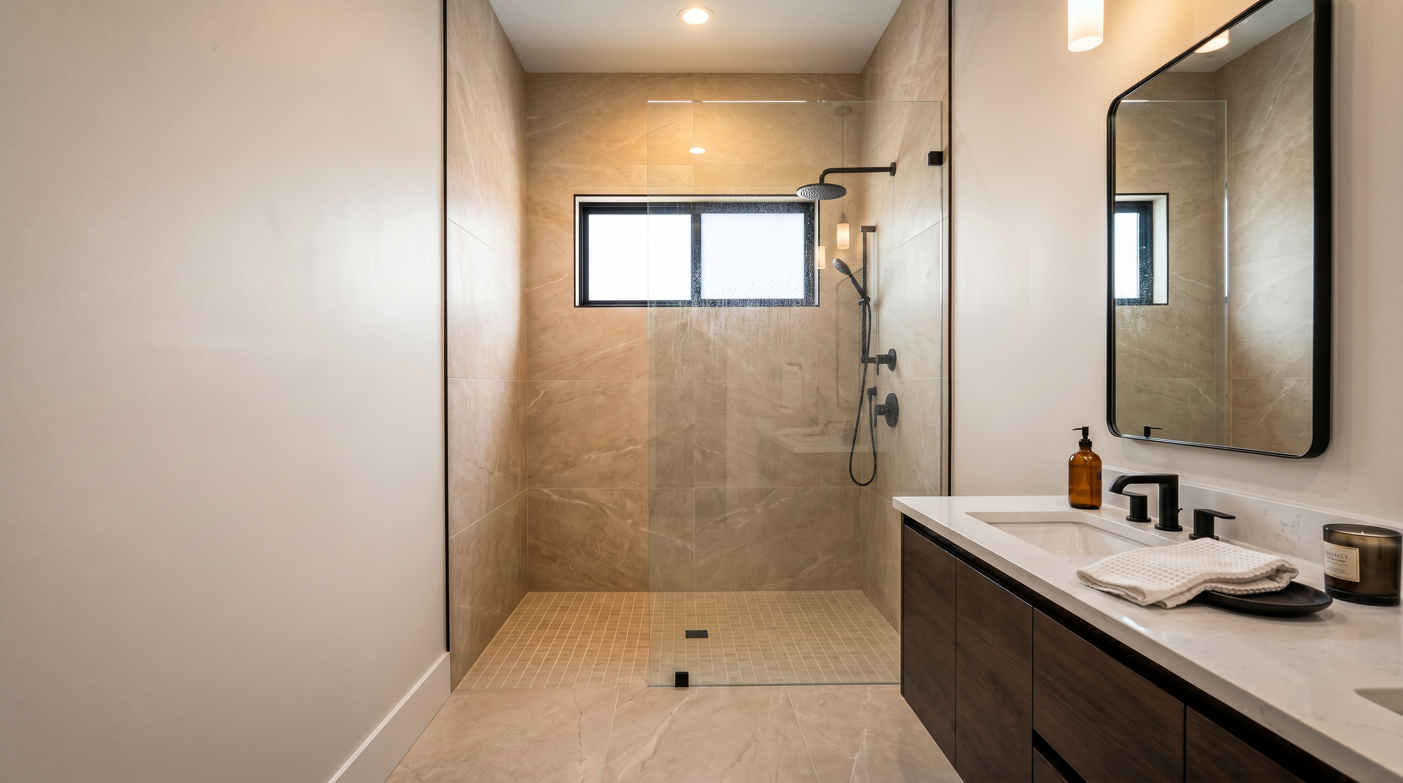 This is an unfinished primary bathroom walk-in shower area currently under construction. The space features grey waterproofing membrane on the walls, a rough-in for plumbing fixtures, and a window centered on the back wall, indicating a bright and well-ventilated future design.