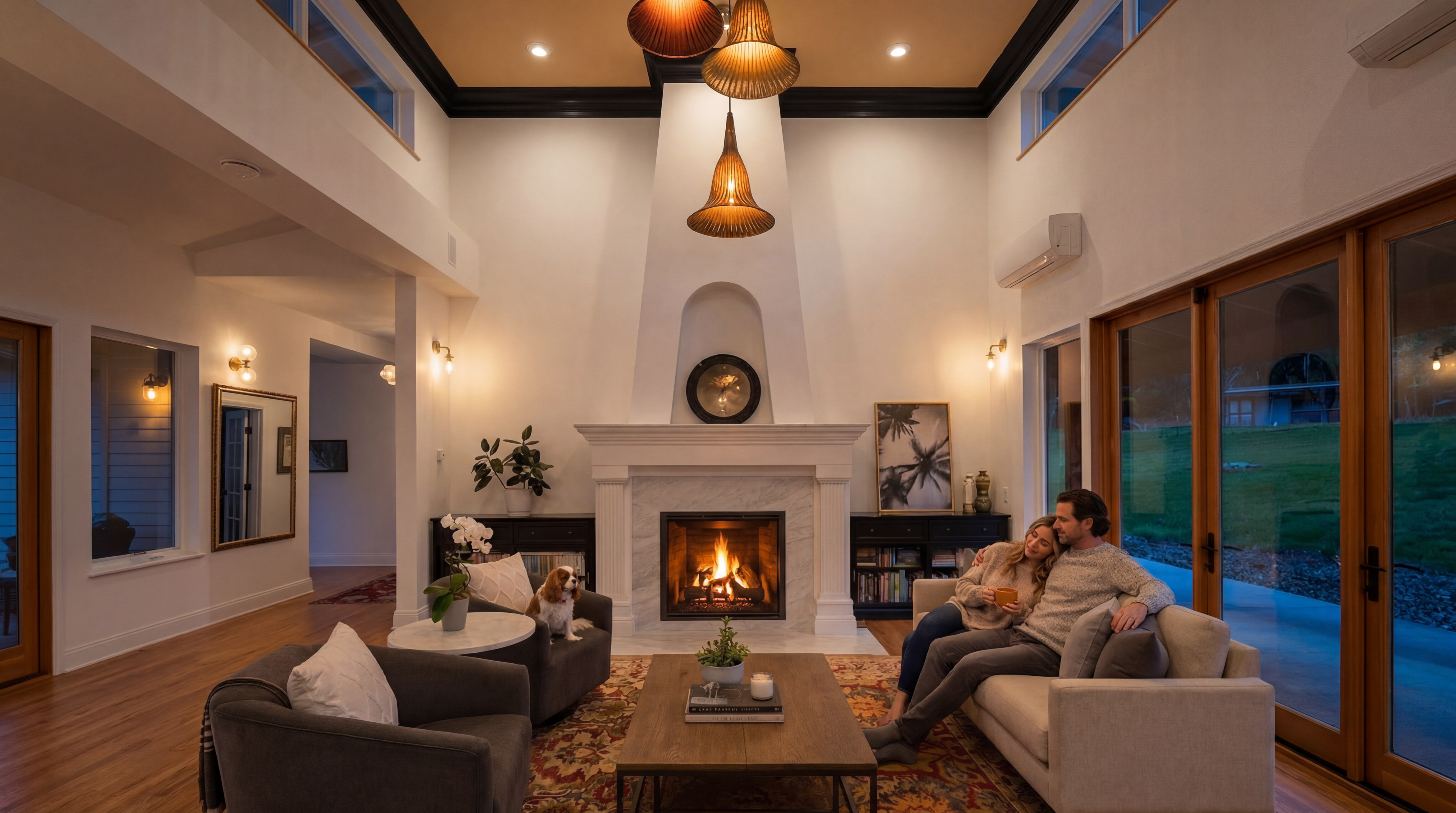 This spacious living room features a high, vaulted ceiling with a warm-toned accent color and a prominent, tall fireplace with a stone surround as the central focal point. The room is furnished with a light-colored sofa, two dark gray armchairs, and a wooden coffee table, all arranged on a large, intricately patterned area rug. Large windows and glass doors provide ample natural light and a view of the green landscape outside, creating an airy and inviting atmosphere.