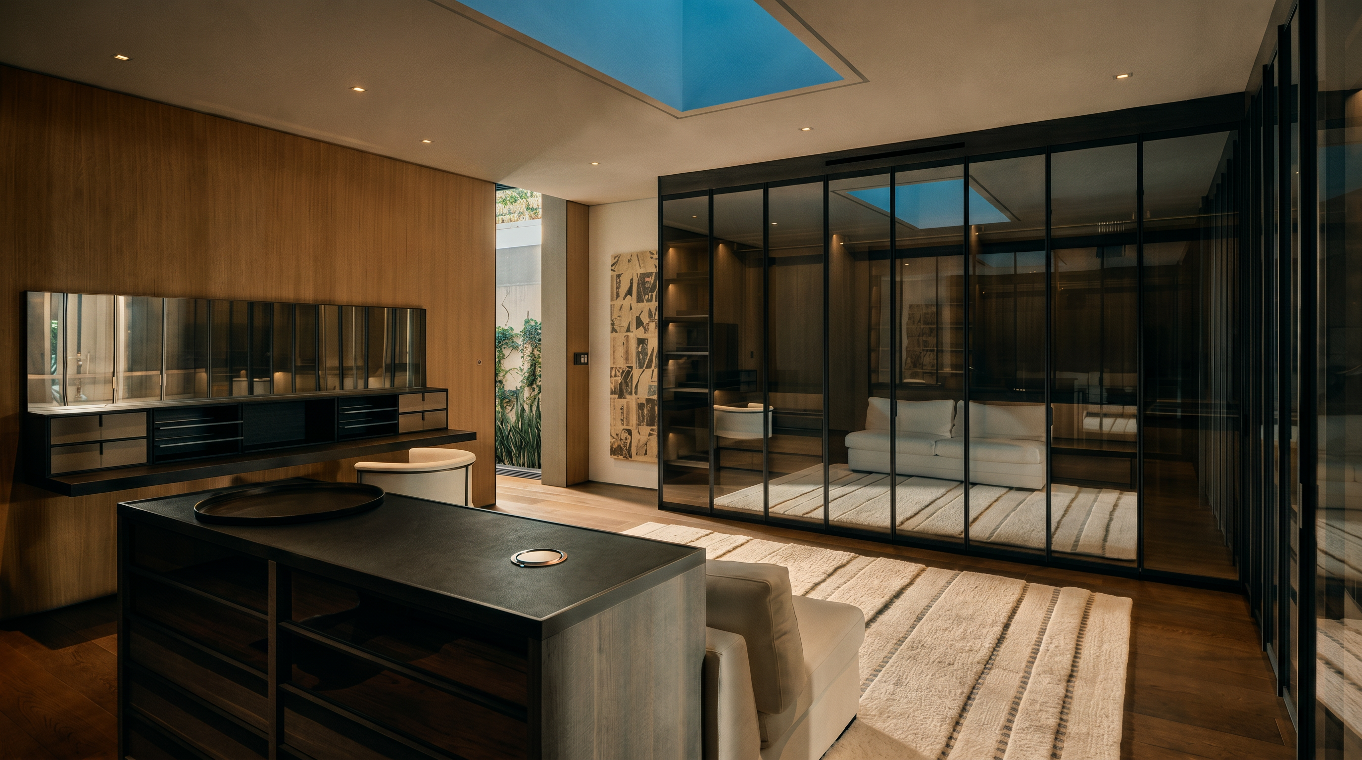 This sophisticated, high-end walk-in closet features a central island with a dark countertop, warm wood-paneled walls, and a large skylight that floods the space with natural light. A glass-enclosed storage area reveals a plush seating area, creating a luxurious and boutique-like atmosphere. The perspective is wide and inviting, showcasing the seamless blend of modern design and functional elegance.
