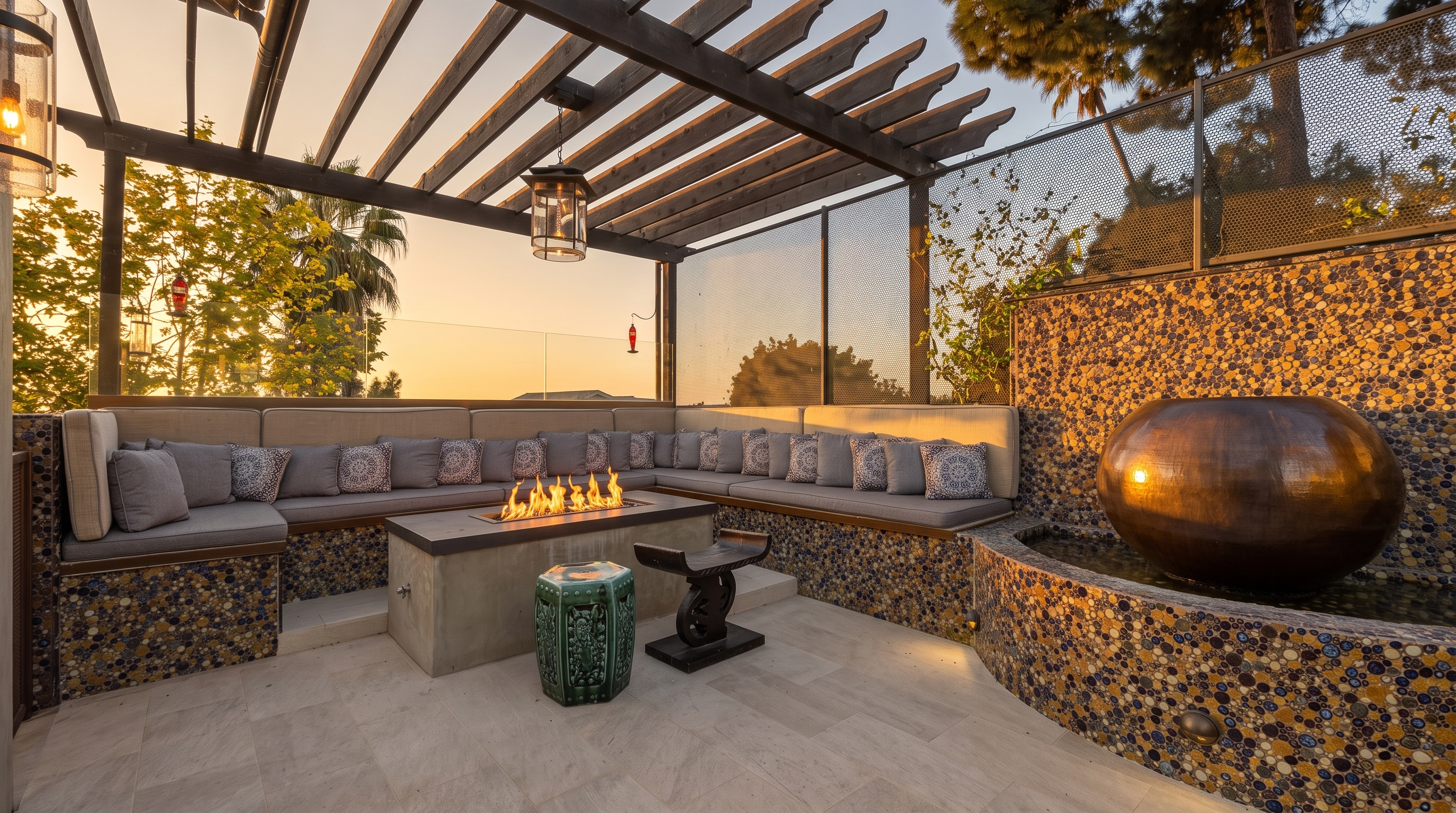 This sophisticated outdoor lounge area features custom built-in bench seating with plush cushions arranged around a rectangular gas fire pit. The space is accented by a distinctive mosaic tile base, a striking copper sphere water feature, and a wooden pergola overhead that provides architectural structure. Ideal for evening relaxation, the area is enclosed by a modern metal mesh screen and offers a warm, inviting atmosphere set against a glowing sunset.