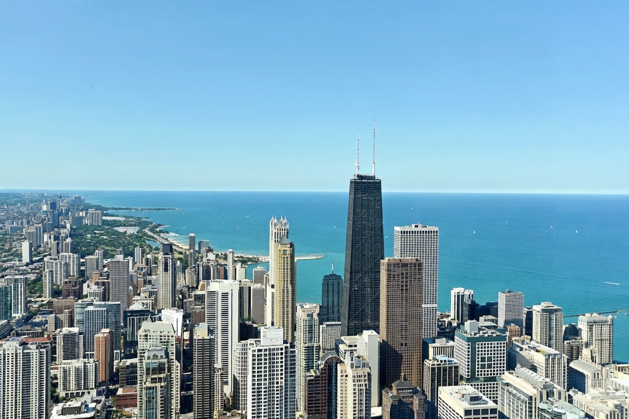 This high-altitude aerial view captures the iconic Chicago skyline, dominated by the prominent 875 North Michigan Avenue building, formerly known as the John Hancock Center. The perspective looks out over the vast, deep blue expanse of Lake Michigan, with the dense urban landscape of high-rise towers stretching along the shoreline. The clear, bright daylight emphasizes the architectural density and the dramatic contrast between the city's steel-and-glass structures and the open water.
