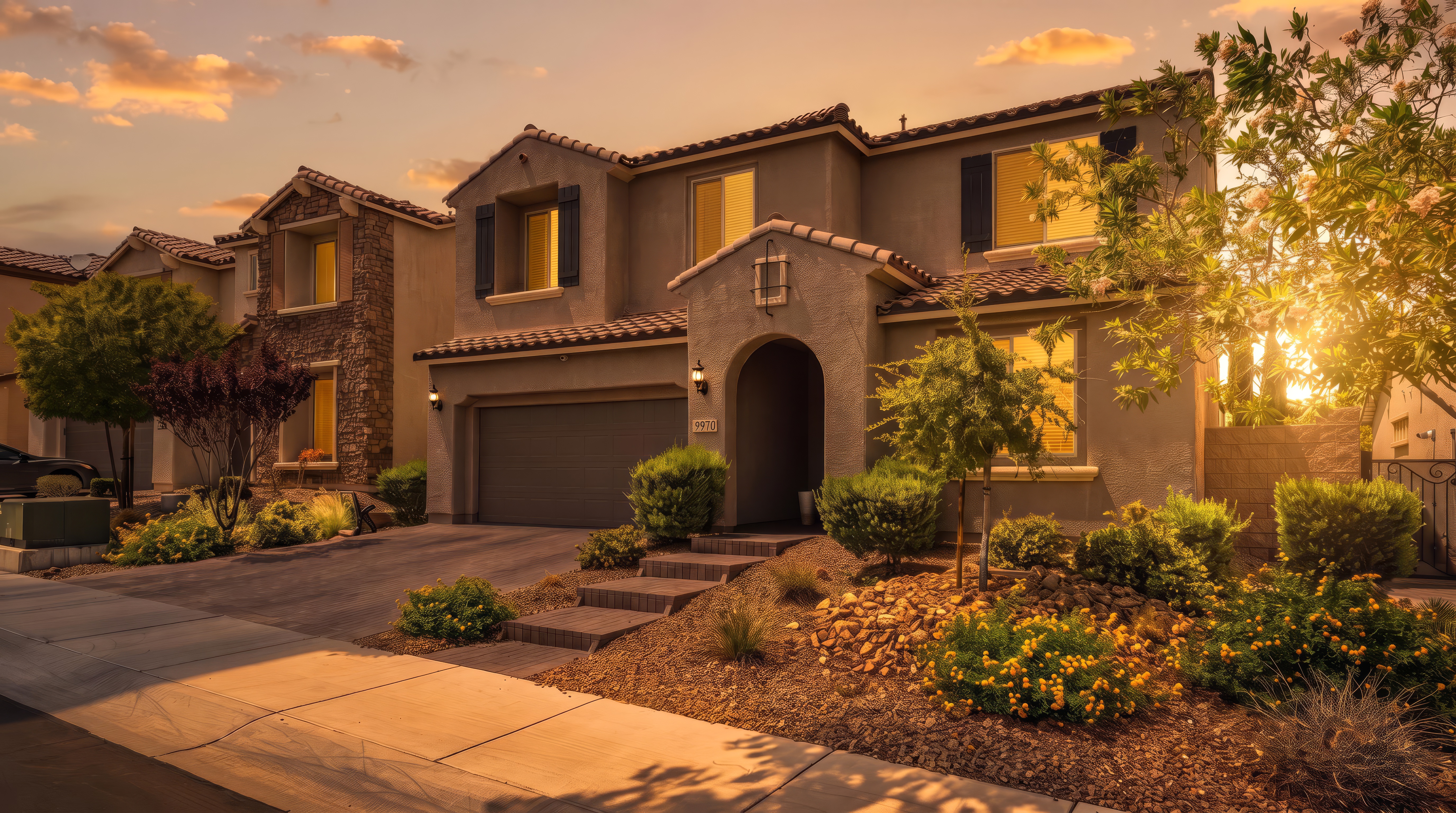 This two-story suburban home features a stucco facade with a tiled roof and an arched entryway. The front yard is landscaped with desert-style gravel, low-maintenance shrubs, and flowering plants, complemented by a paved driveway leading to a two-car garage. The perspective is a wide-angle street-level shot, capturing the home's curb appeal under a bright, clear blue sky.