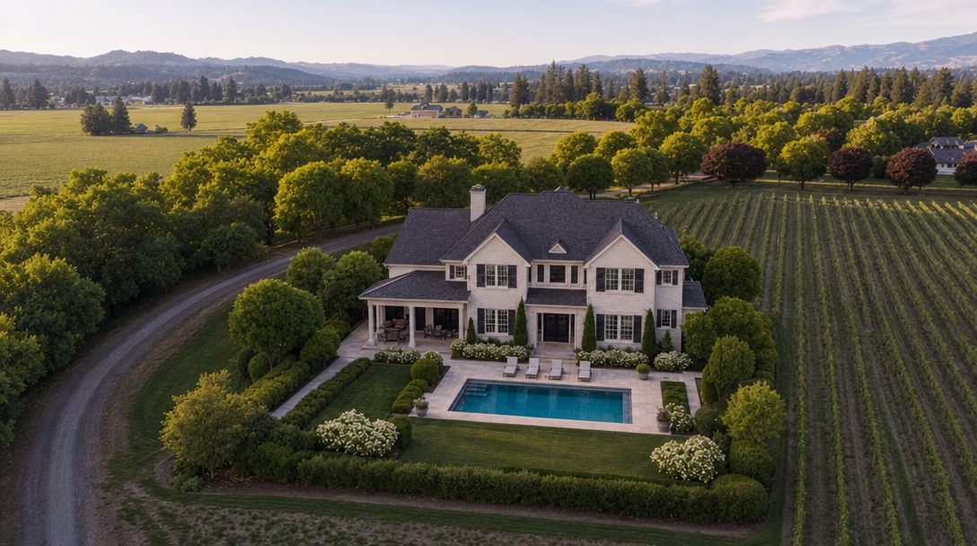 This stunning aerial view captures a luxurious white brick estate situated amidst lush vineyards and expansive greenery. The property features a meticulously landscaped backyard complete with a rectangular swimming pool, manicured hedges, and a covered patio area, evoking an atmosphere of refined countryside living. The architecture is classic and elegant, perfectly complemented by the picturesque surrounding landscape.