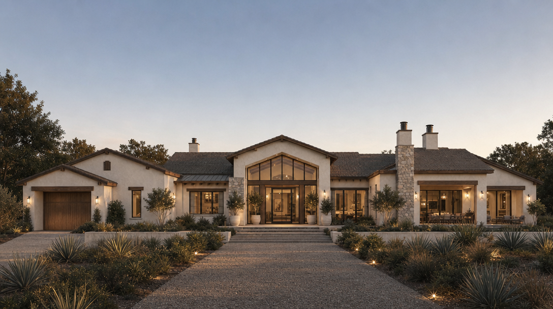 This elegant single-story home features a sophisticated Mediterranean-modern architectural style with a light stucco facade and natural stone accents. The symmetrical design highlights a grand glass-paneled entryway, a spacious paved driveway, and meticulously landscaped desert-style gardens that create an inviting and luxurious curb appeal.