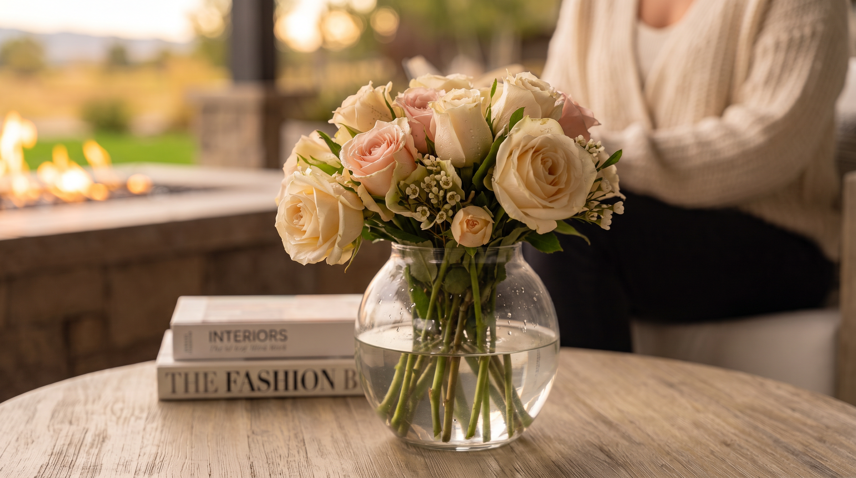 This cozy outdoor patio scene features a round wooden coffee table topped with a clear glass vase filled with fresh, soft-toned roses. In the background, a warm outdoor fireplace creates a comfortable ambiance, while a person in a soft knit sweater sits nearby, suggesting a relaxing and inviting lifestyle. The setting highlights a well-appointed outdoor living space ideal for entertaining or quiet leisure.
