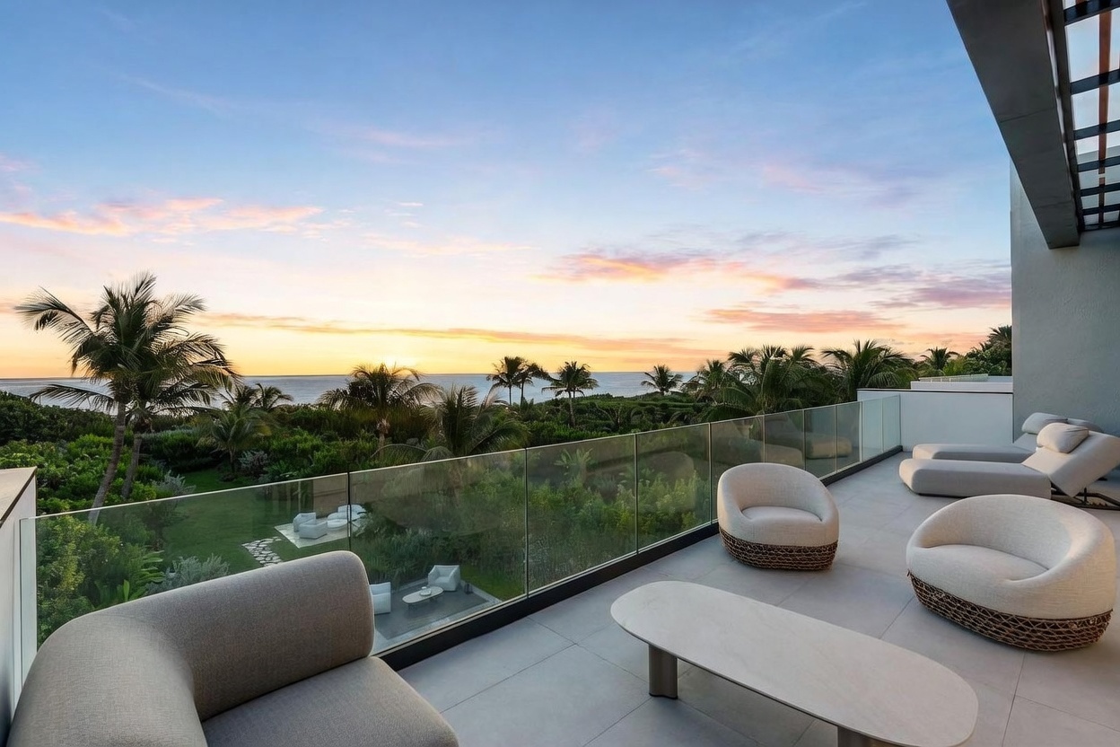 This expansive, modern balcony offers a serene outdoor living space with a glass railing that provides an unobstructed view of the ocean at sunset. The area is furnished with contemporary, rounded lounge chairs and a sleek, low-profile coffee table, creating a sophisticated atmosphere for relaxation. Lush greenery and palm trees are visible below, enhancing the tranquil, resort-like feel of this elevated terrace.