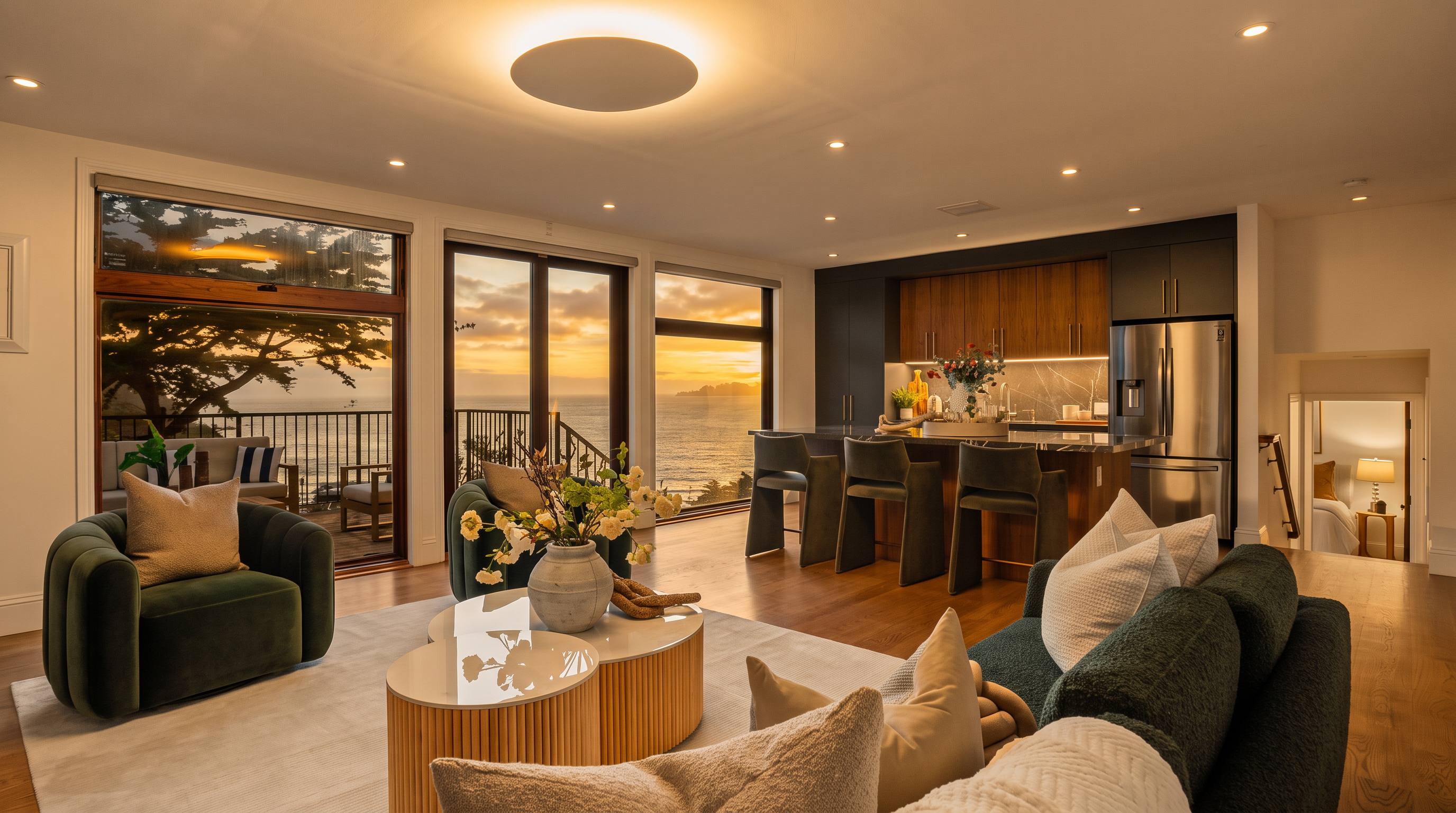 This open-concept living space features a modern kitchen with a breakfast bar and a comfortable lounge area, all oriented toward expansive windows that frame a stunning ocean view. The room is decorated in a sophisticated, neutral palette with plush seating, textured pillows, and light wood flooring that creates a warm, inviting atmosphere. The seamless transition between the indoor living area and the outdoor deck highlights the home's connection to its coastal surroundings.