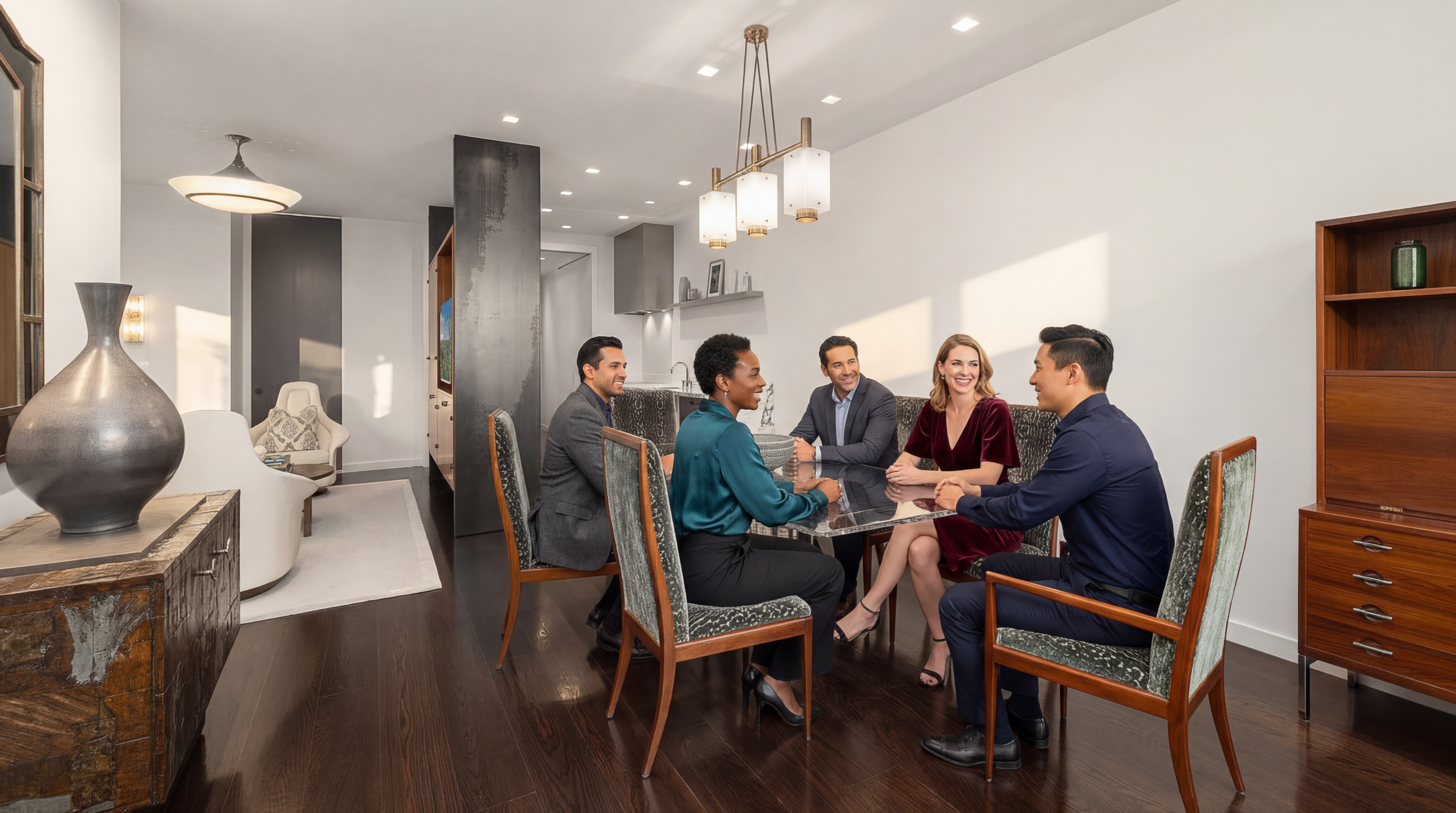 This sophisticated dining area showcases a sleek glass-top dining table surrounded by elegant, patterned upholstered chairs, perfect for hosting social gatherings. The space features high-end finishes, including rich dark hardwood flooring and ambient pendant lighting, creating an inviting and luxurious atmosphere. Adjacent to the room is a contemporary living area and an open kitchen layout, highlighting a modern, seamless design that is ideal for elevated urban living.