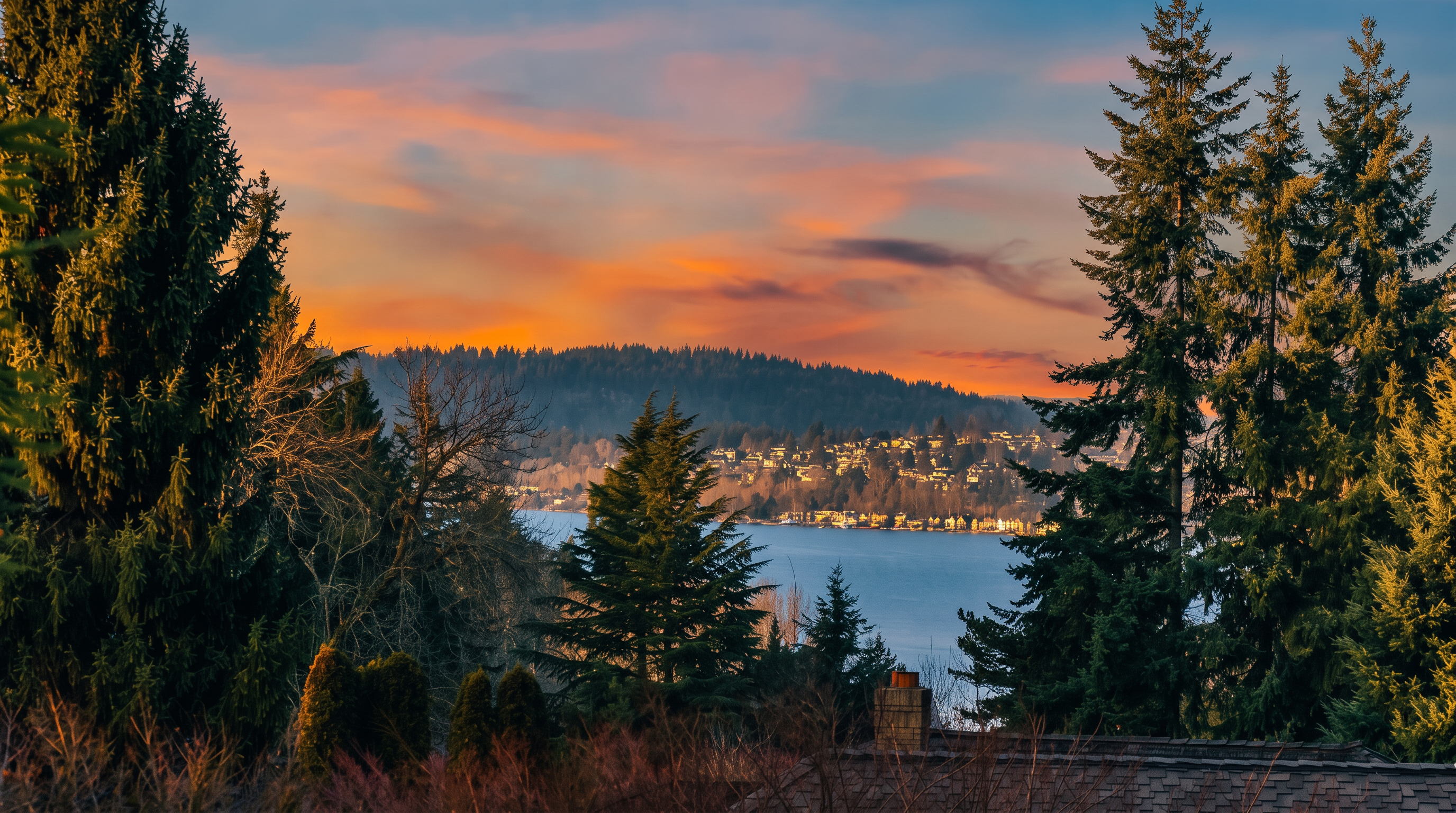 This elevated view captures a breathtaking sunset over a serene lake, framed by lush evergreen trees in the foreground. A portion of a shingled roof and a stone chimney are visible at the bottom of the frame, suggesting the perspective is from an upper-level deck or window. The scene emphasizes the property's scenic location and tranquil atmosphere, highlighting the natural beauty of the surrounding landscape.