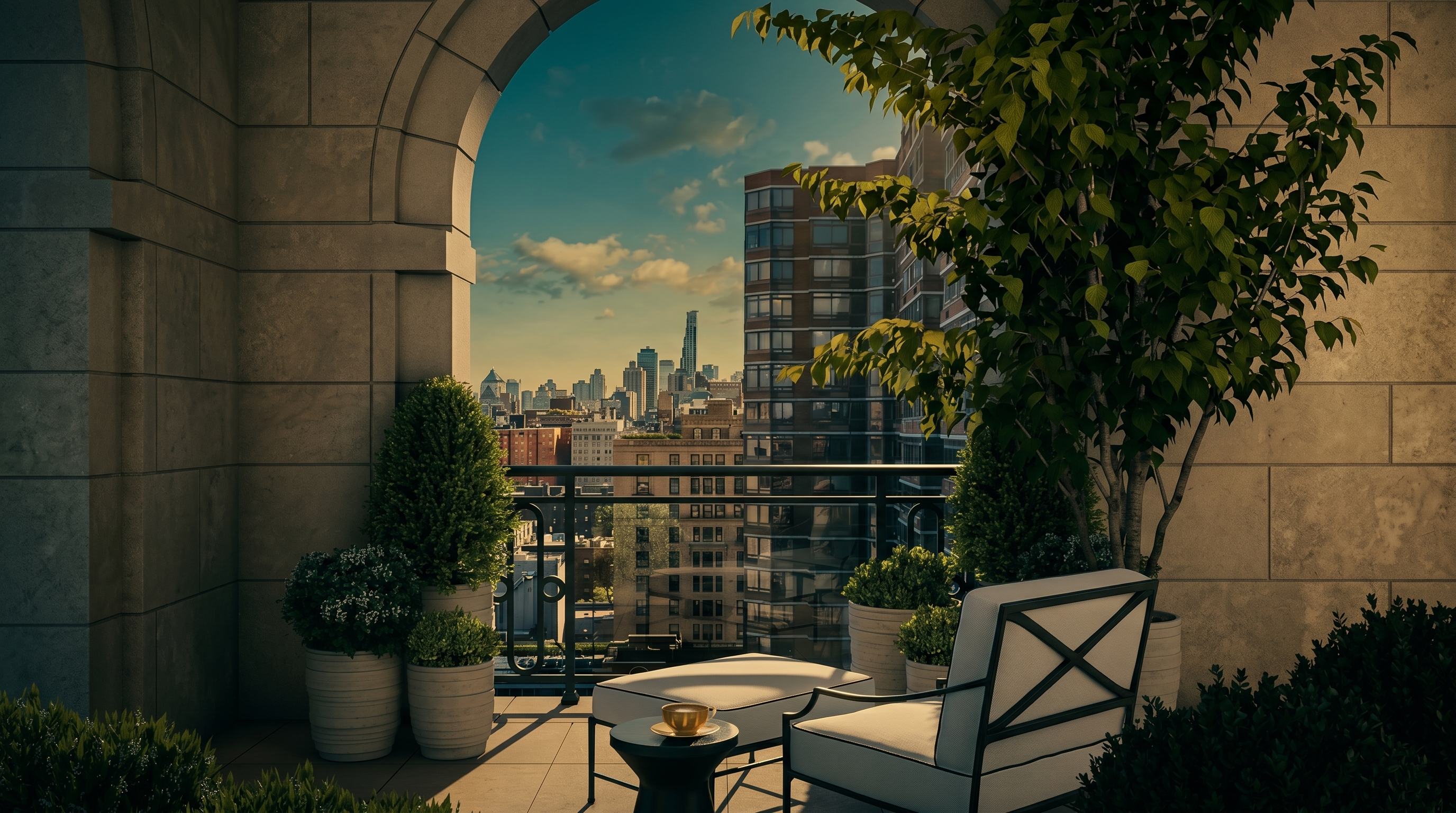 This elegant balcony features a classic arched stone opening that frames a panoramic view of the city skyline. The space is furnished with a comfortable lounge chair, a matching ottoman, and a small side table holding a tea set, creating a serene outdoor retreat. Lush potted greenery adds a touch of nature to the sophisticated, high-rise setting.