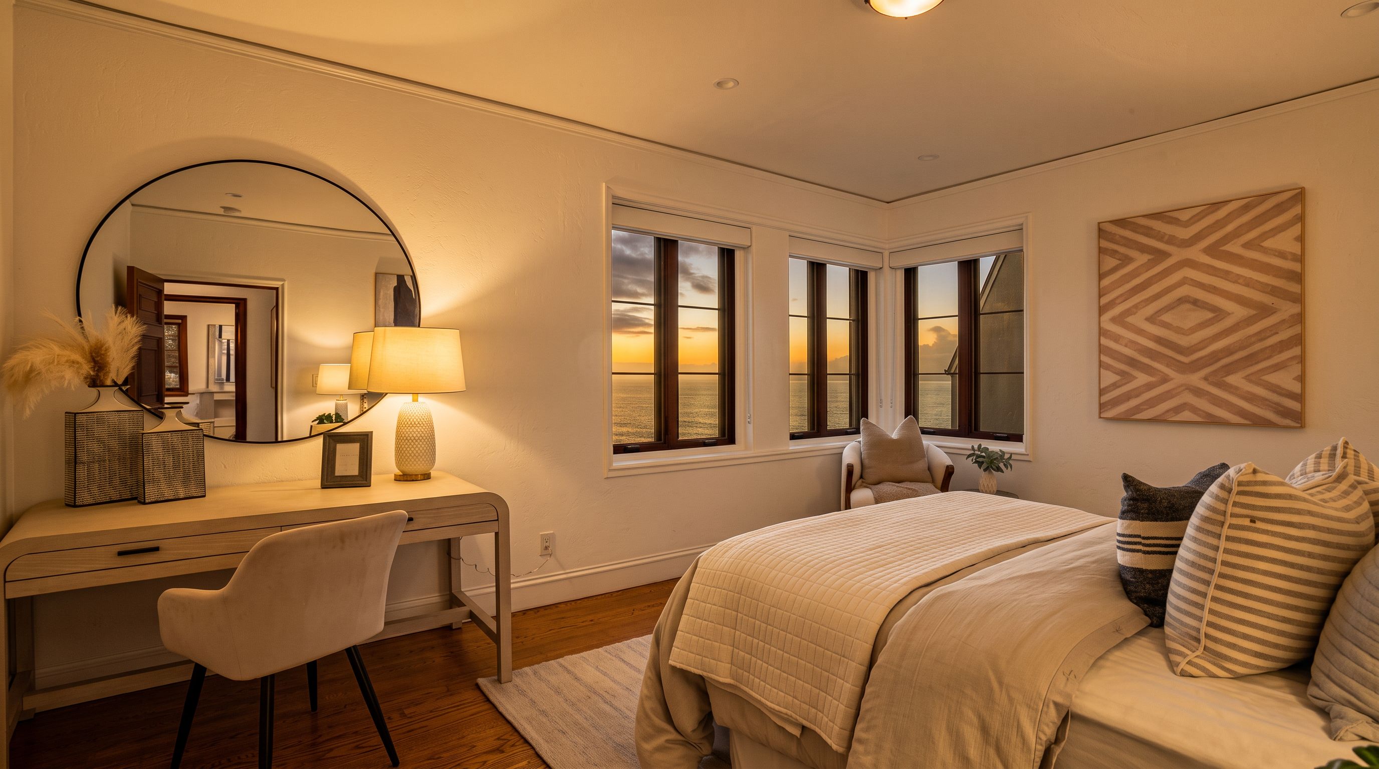 This bright and airy primary bedroom features a neutral color palette, hardwood flooring, and a large circular mirror above a light wood vanity desk. The room is anchored by a comfortable bed with layered bedding and is accented by a large geometric wall art piece. Large windows provide expansive ocean views, creating a serene and sophisticated atmosphere.