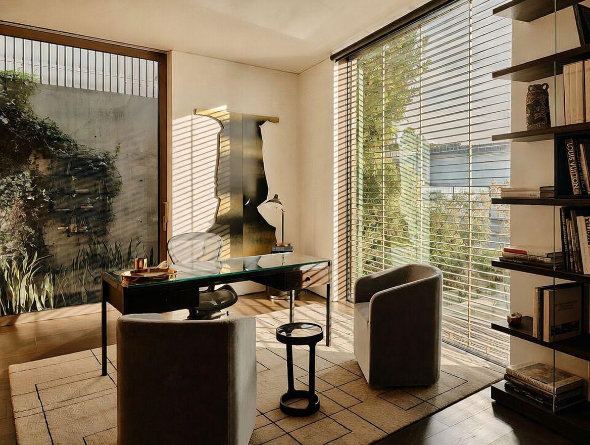 This sophisticated home office features a sleek glass-top desk, a modern ergonomic chair, and two plush armchairs arranged on a geometric-patterned area rug. The room is bathed in warm, natural light streaming through large windows with horizontal blinds, highlighting the minimalist decor and a striking sculptural art piece on the wall. A tall, open shelving unit displays curated books and decorative objects, creating an atmosphere of refined productivity and calm.