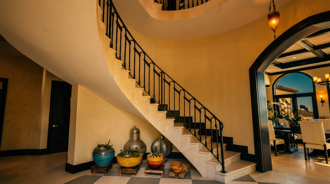 This grand foyer features a dramatic curved staircase with a black wrought-iron railing that leads to an upper landing. The space is illuminated by an elaborate, multi-tiered chandelier with amber-toned glass pendants, complemented by a checkerboard-patterned floor. Decorative metallic vessels and colorful potted plants are arranged neatly beneath the staircase, creating a sophisticated and welcoming entry.