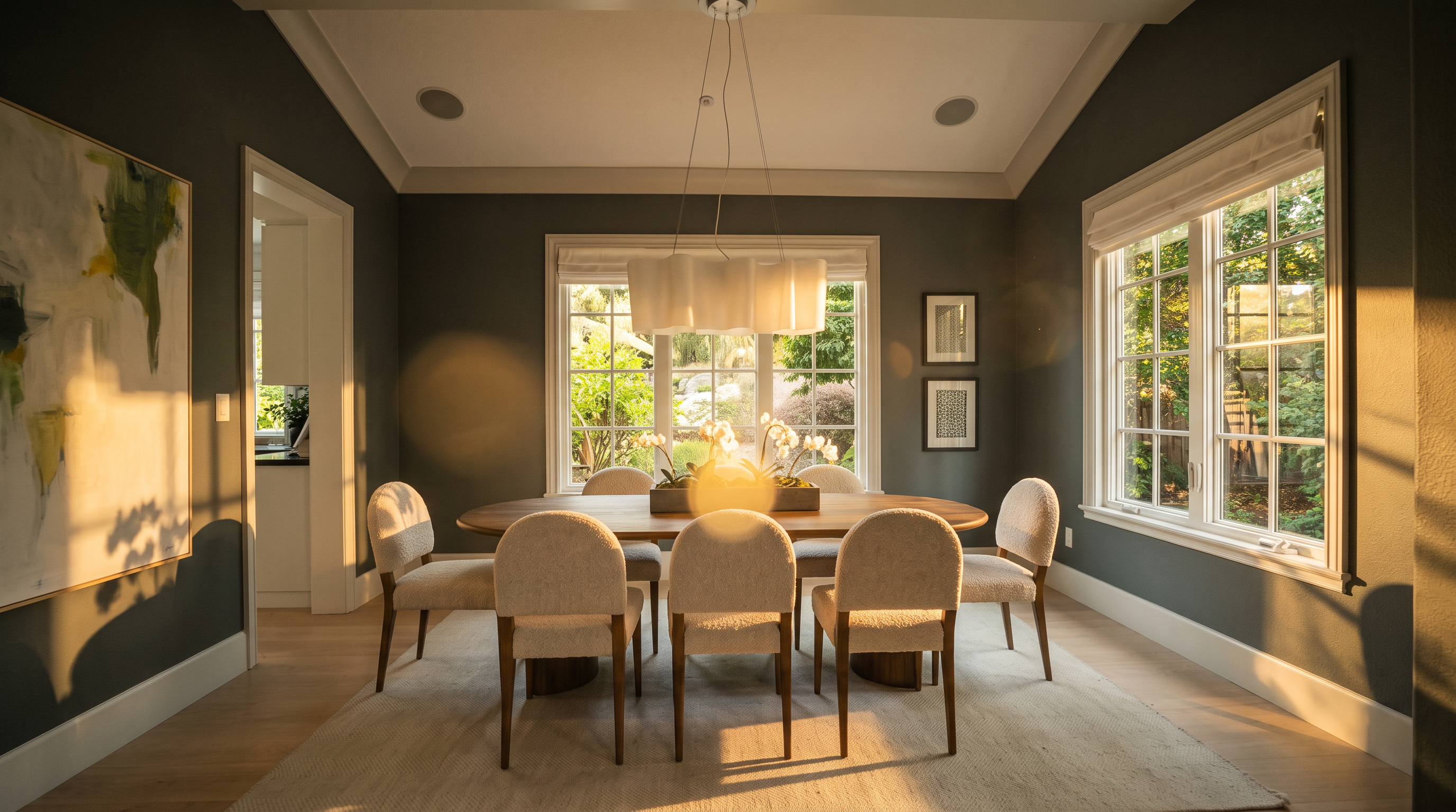 This elegant dining room features a large oval wooden table surrounded by six upholstered chairs with light-toned fabric. The space is anchored by a textured area rug and illuminated by a modern, multi-panel pendant light fixture hanging from a vaulted ceiling. Dark gray walls provide a sophisticated contrast to the light wood flooring and white trim, while large windows offer a bright view of the surrounding greenery.