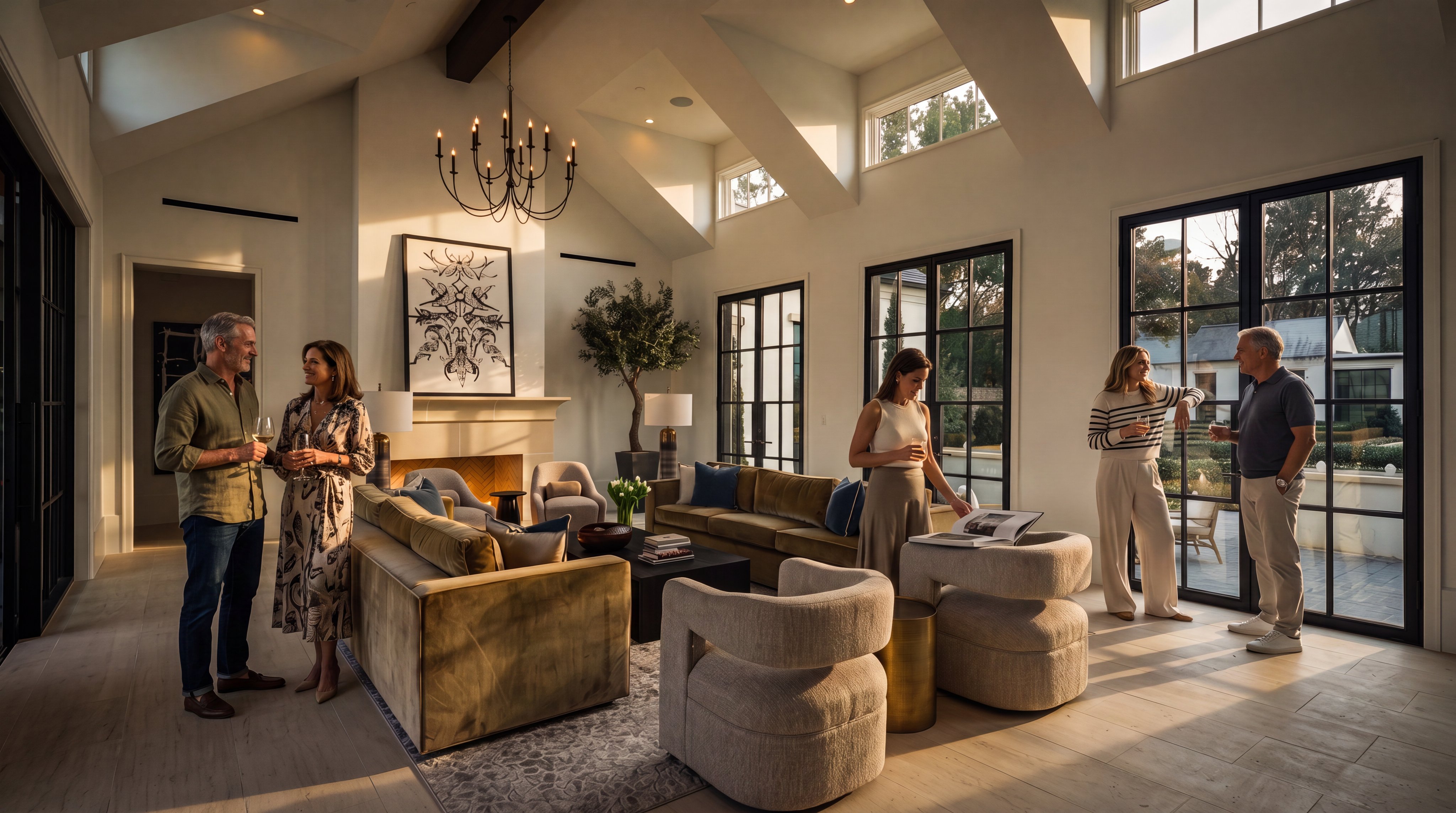 This expansive, light-filled living room features a vaulted ceiling with exposed dark wood beams and a neutral color palette. The space is anchored by two velvet sofas and a pair of curved accent chairs arranged around a central coffee table, with a stone fireplace serving as a focal point. Large, black-framed glass doors provide abundant natural light and a seamless connection to the outdoor patio area.