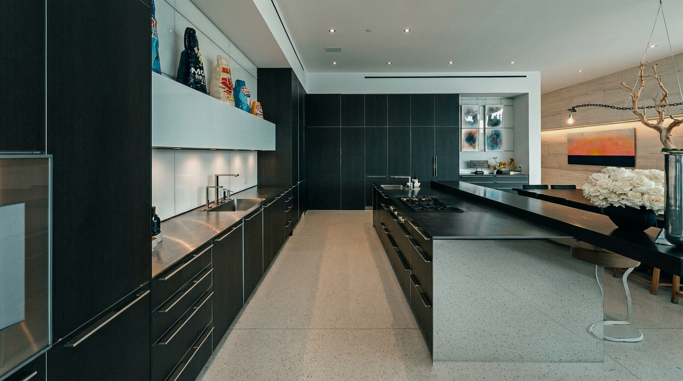 This sleek, modern kitchen features dark cabinetry contrasted by a long, metallic-toned island and a clean, minimalist aesthetic. The space is illuminated by recessed lighting and includes high-end appliances, a spacious countertop, and a dining area visible in the background. The perspective is a wide-angle shot from the kitchen entrance, emphasizing the open-concept layout and sophisticated design.
