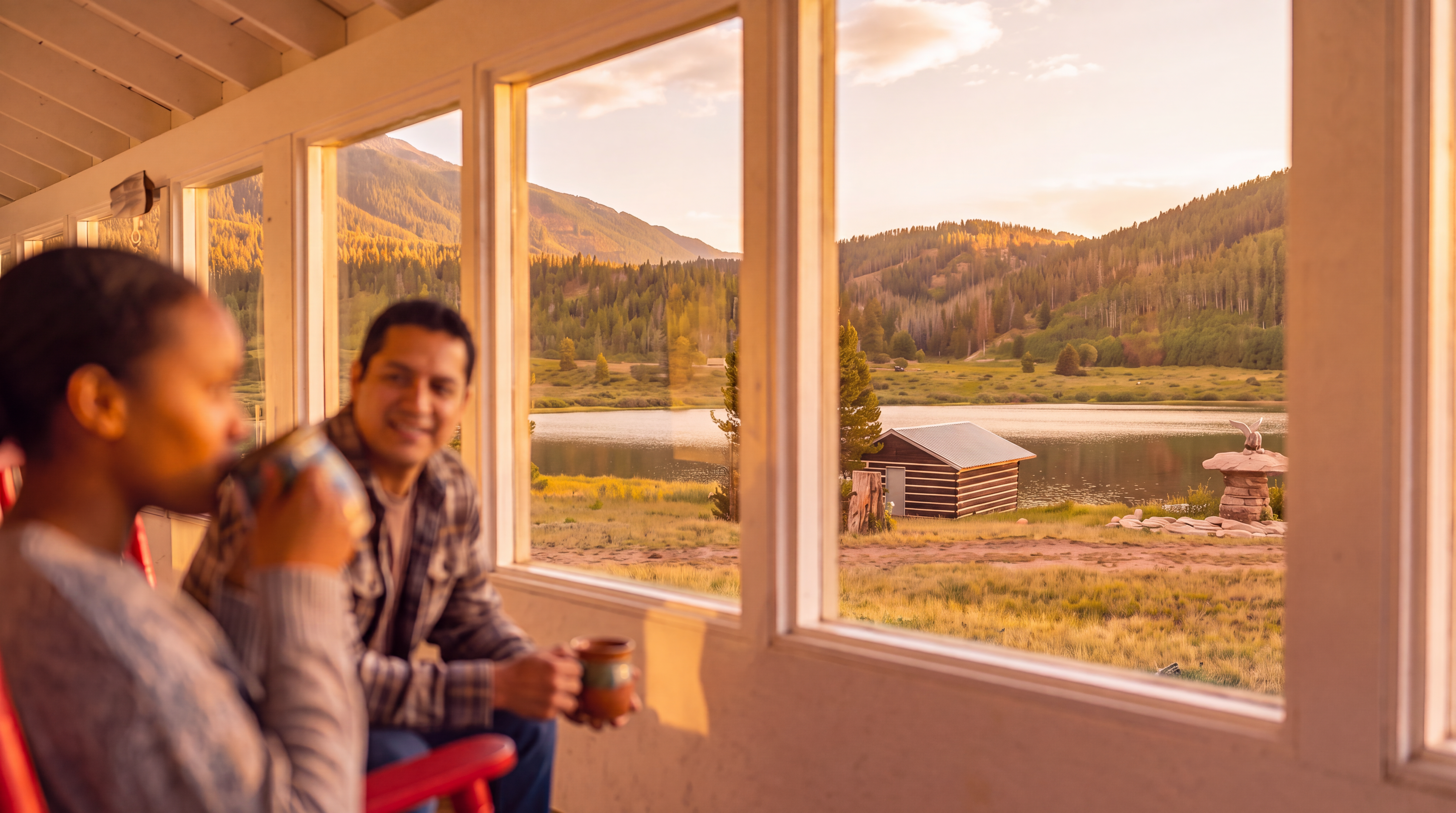 This sunroom offers a serene, panoramic view of a tranquil lake and forested mountain landscape through floor-to-ceiling windows. The space features a cozy, relaxed atmosphere with a couple enjoying drinks in rustic rocking chairs, perfect for taking in the scenic outdoor surroundings. Its bright, airy feel and direct connection to nature make it an inviting retreat within the home.