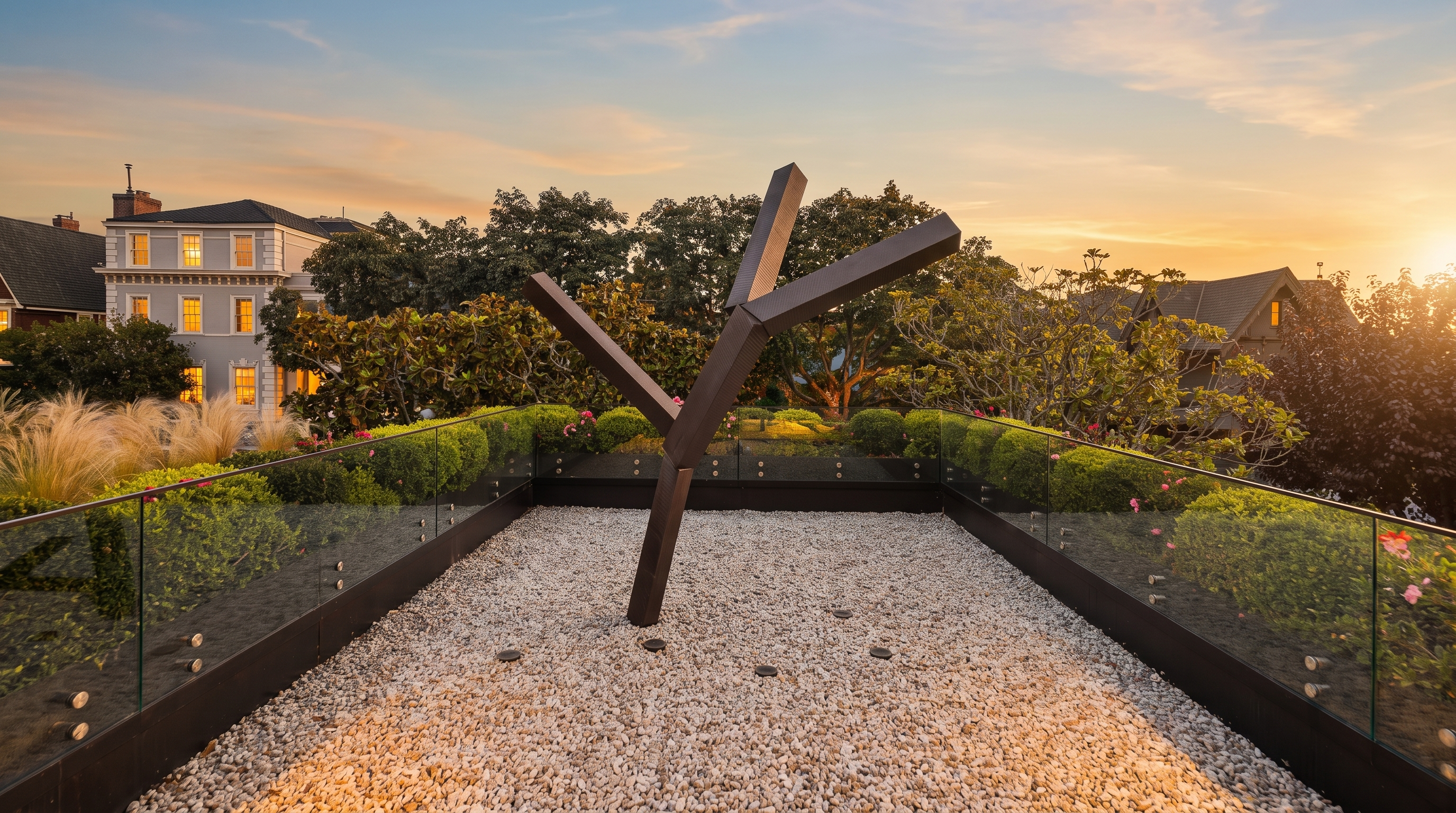 This rooftop terrace features a modern, abstract metal sculpture as a central focal point set against a backdrop of lush green hedges and mature trees. The ground is covered in light-colored gravel, and the space is enclosed by a sleek glass railing that offers an unobstructed view of the surrounding neighborhood architecture. The bright, clear blue sky enhances the clean lines and contemporary aesthetic of this elevated outdoor living area.