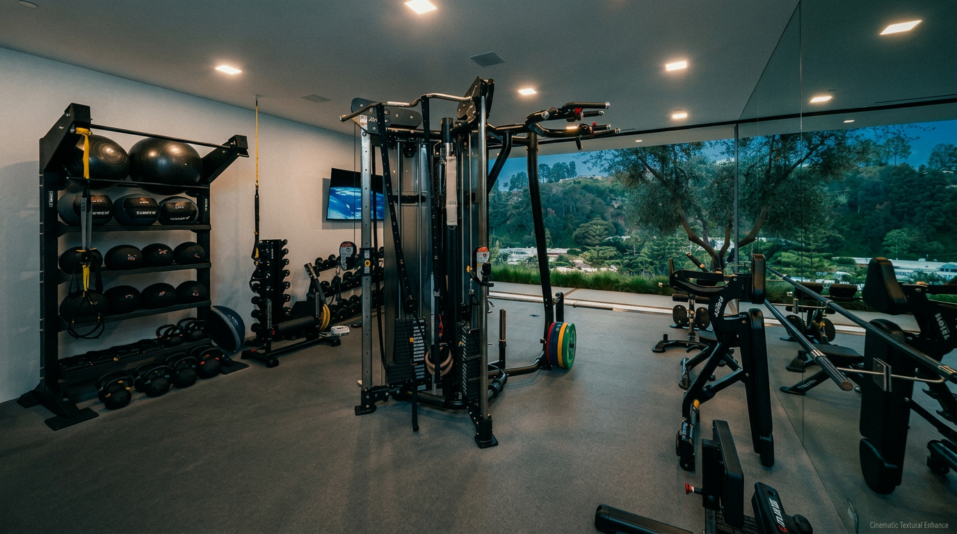 This high-end home gym features a professional-grade multi-station cable machine, a comprehensive rack of medicine balls, and various strength training equipment. The space is defined by its sleek, modern aesthetic, including recessed ceiling lighting and a full-length mirrored wall that reflects the expansive, scenic outdoor view of the surrounding hills. The combination of premium fitness gear and a tranquil, nature-filled backdrop creates an inviting and sophisticated workout environment.