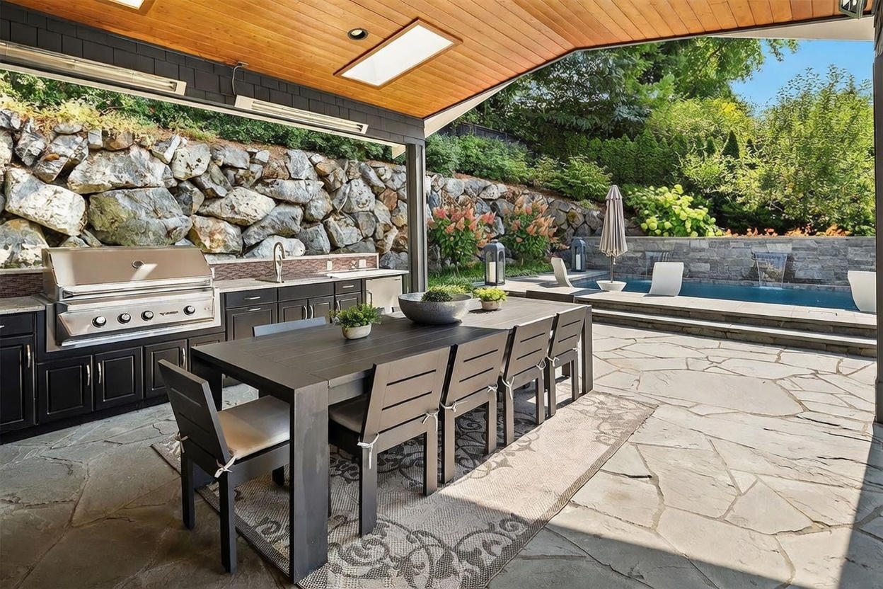 This luxurious outdoor living space features a covered patio with a built-in kitchen, including a stainless steel grill and sink set against dark cabinetry. A long dining table sits on a patterned area rug, positioned on a stone-paved patio that leads directly to a swimming pool with a water feature. The area is framed by a natural stone retaining wall and lush landscaping, creating a sophisticated and private atmosphere for outdoor entertaining.