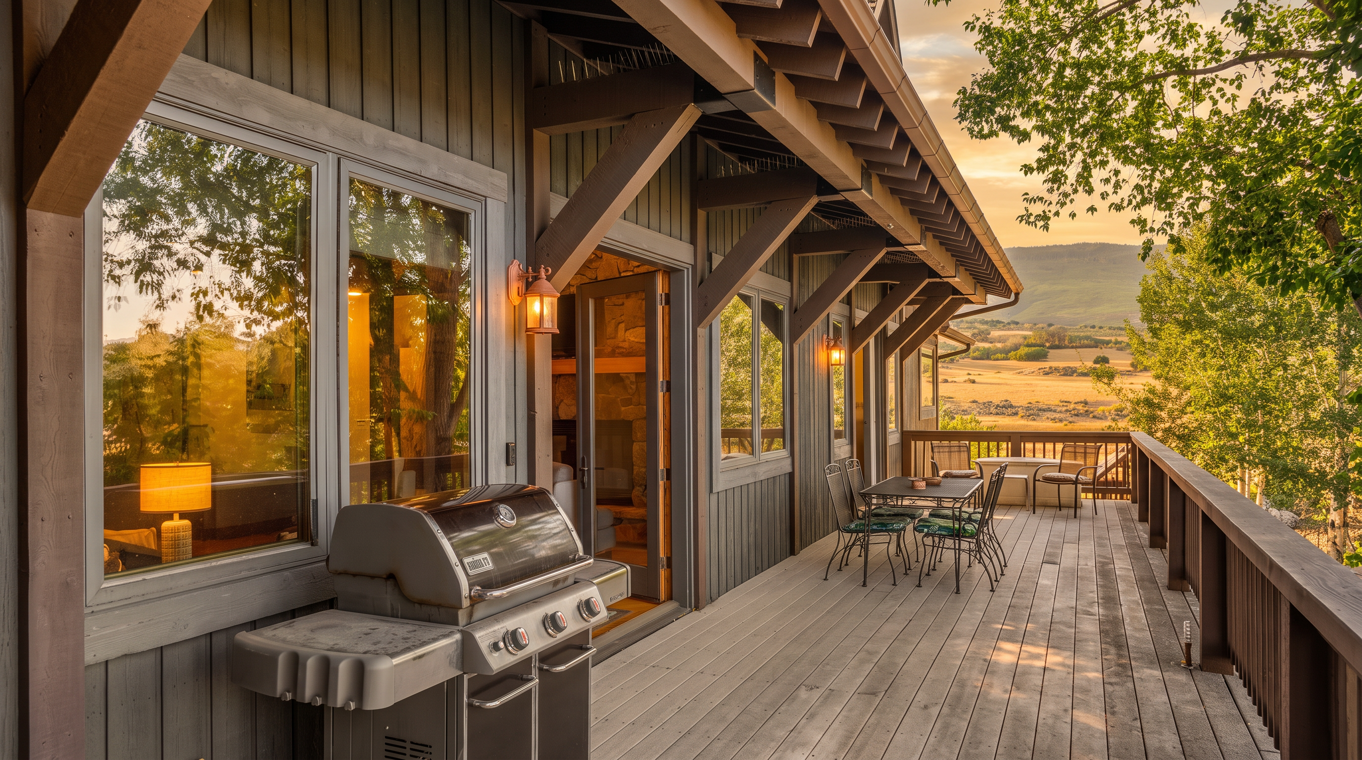 This spacious wooden deck features a dining area perfect for outdoor meals and a gas grill, making it an excellent space for entertaining. The rustic wood-plank siding and sweeping views of the surrounding rural landscape create a cozy, cabin-like aesthetic. Its serene setting provides a beautiful vantage point to enjoy nature and the open outdoors.