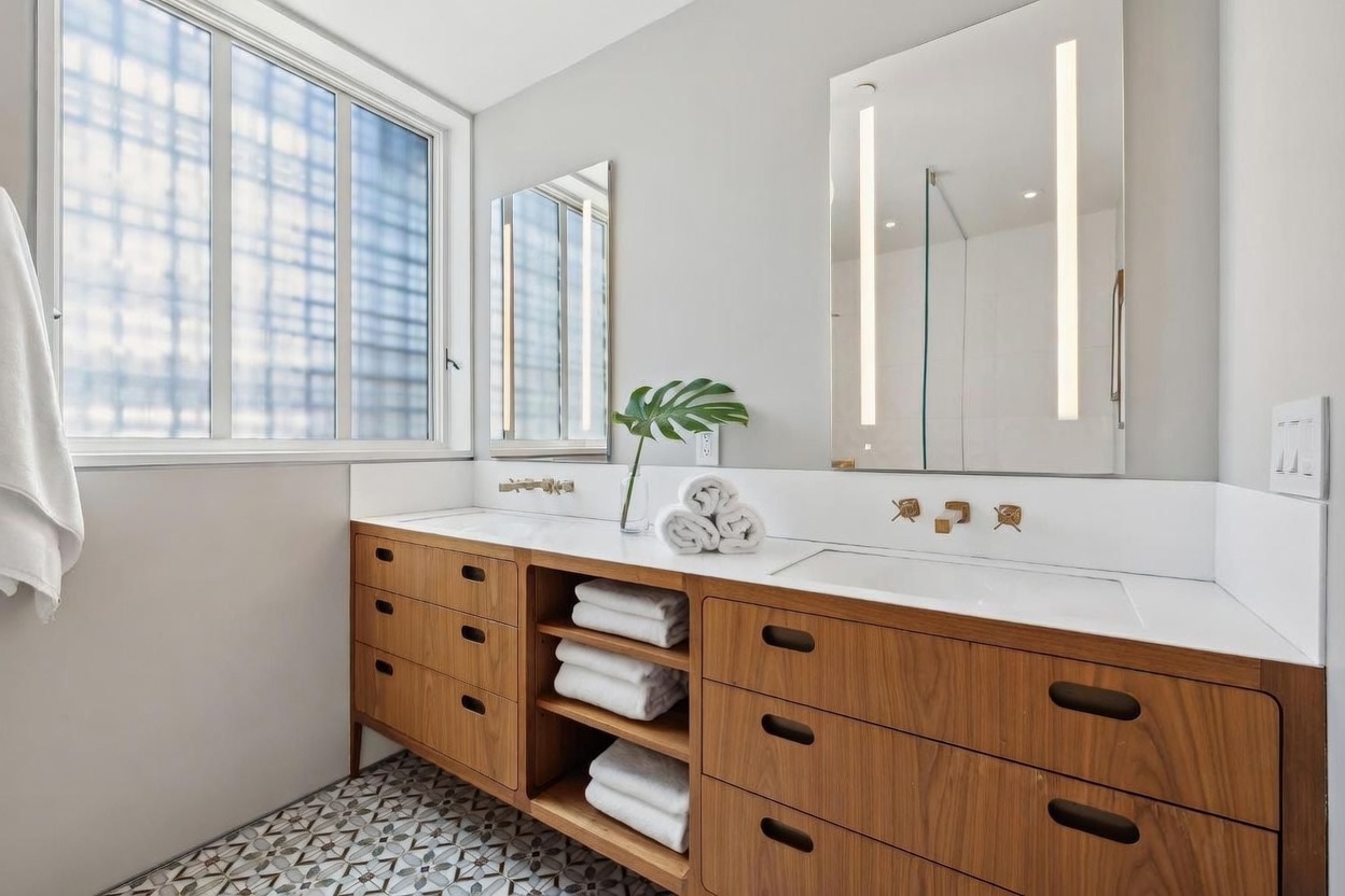 This modern bathroom features a double vanity with warm-toned wood cabinetry and a clean white countertop. Two rectangular mirrors with integrated vertical lighting are mounted above the sinks, while a large window provides ample natural light. The space is finished with patterned floor tiles and open shelving stacked with fresh white towels, creating a bright and organized aesthetic.