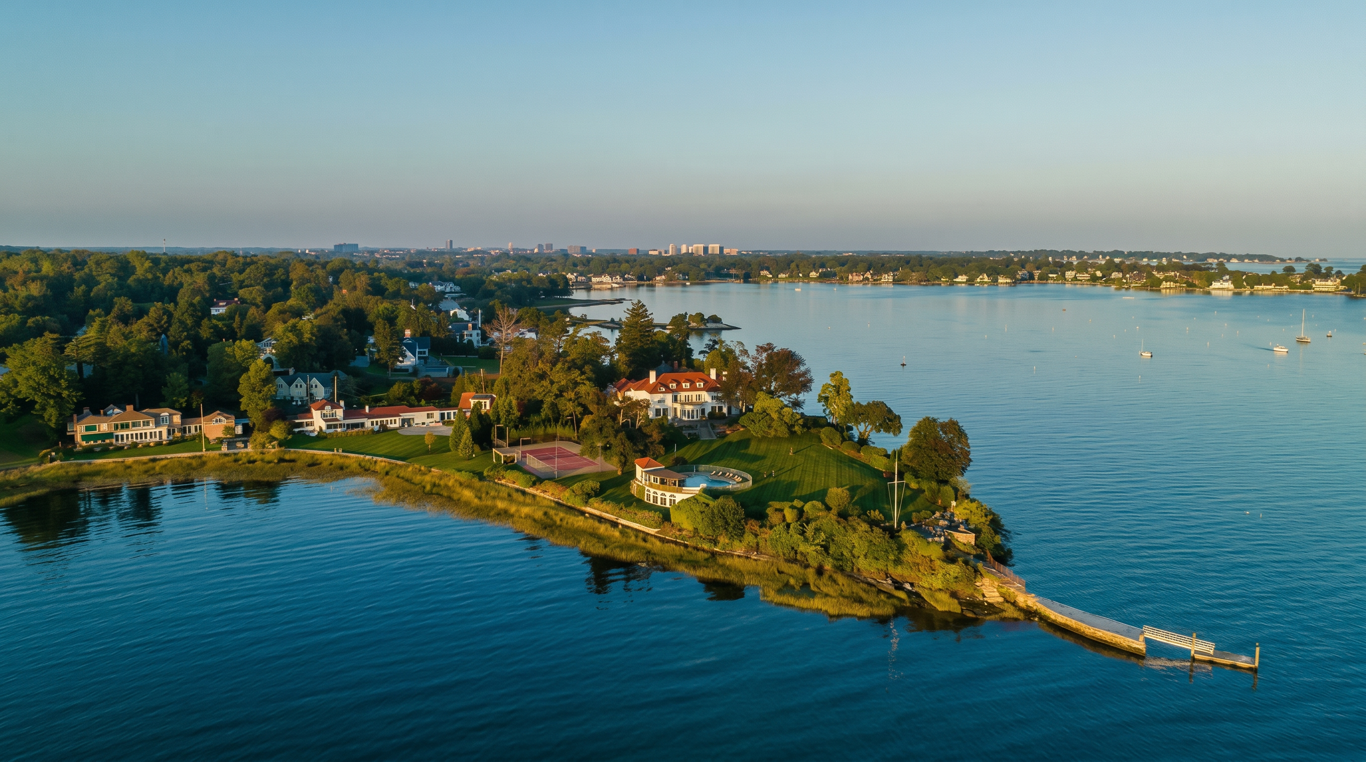 This stunning aerial perspective captures a sprawling waterfront estate situated on a private peninsula. The property features a grand main residence, a private tennis court, a swimming pool, and a long stone pier extending into the calm bay. Lush green lawns and mature trees surround the structures, emphasizing the secluded and luxurious nature of this coastal retreat.