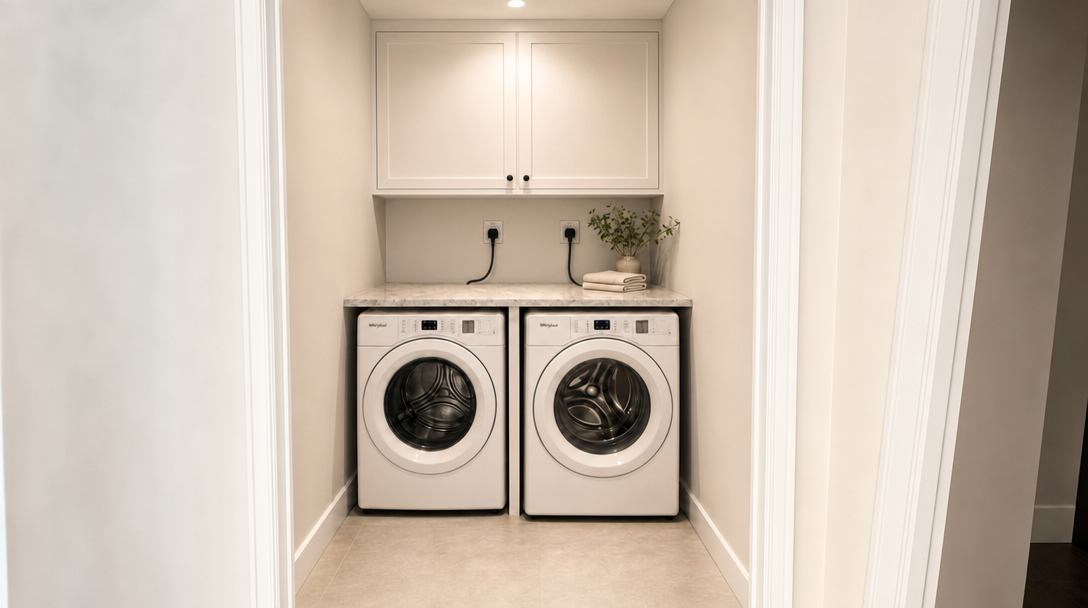 This image shows a laundry room currently under construction, featuring bare, unpainted drywall and a subfloor. Plumbing and electrical connections for a washer and dryer are visible on the back wall, along with a white frame resting on the floor. It represents an unfinished space offering a blank slate for buyers to complete and customize according to their own preferences.