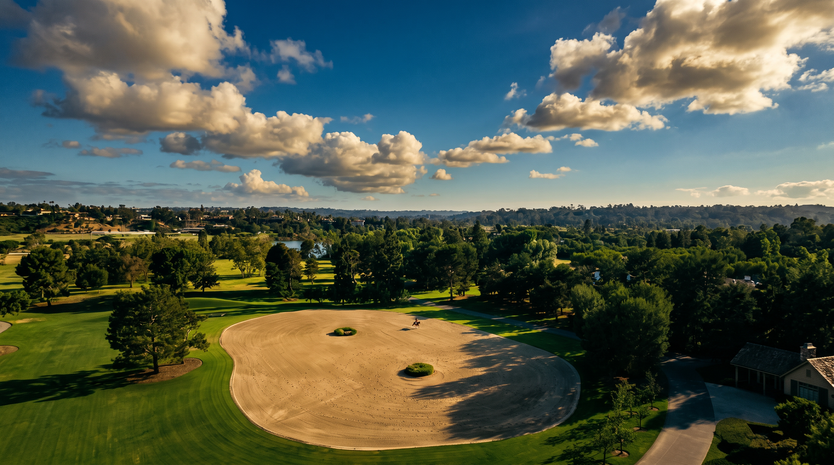 This high-angle aerial view captures a sprawling landscape featuring a large, circular sand arena set amidst lush green lawns and mature trees. The perspective provides a panoramic look at the surrounding rolling hills and distant vegetation, suggesting a property with significant acreage and outdoor space. The scene is bathed in bright, clear daylight, emphasizing the expansive and serene nature of the grounds.