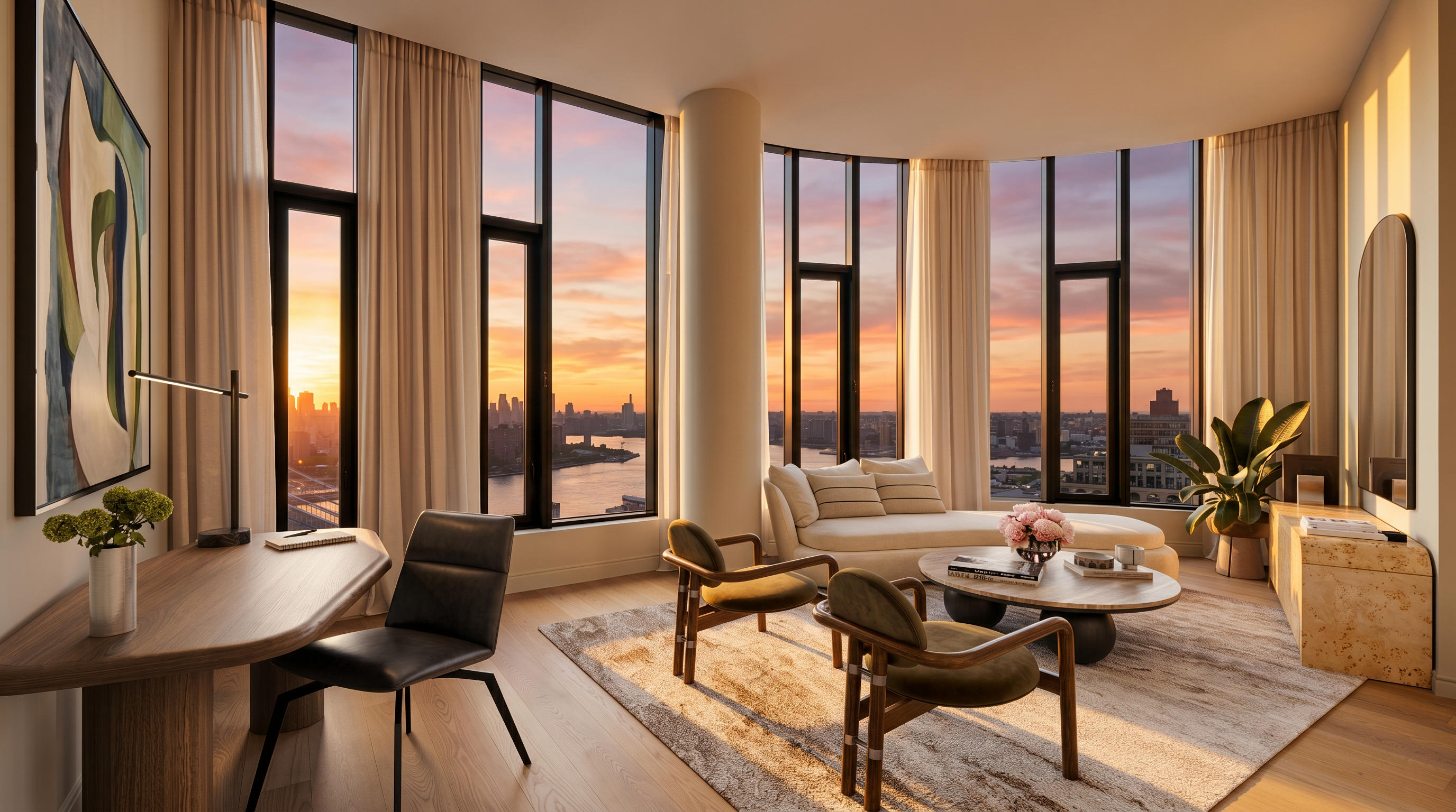 This sophisticated, sun-drenched living room features floor-to-ceiling windows that offer a panoramic view of the city skyline and waterfront. The space is elegantly furnished with a curved chaise lounge, two modern armchairs, and a sleek wooden desk, all arranged on a textured area rug. The neutral color palette and minimalist decor create an airy, high-end atmosphere perfect for both relaxation and productivity.
