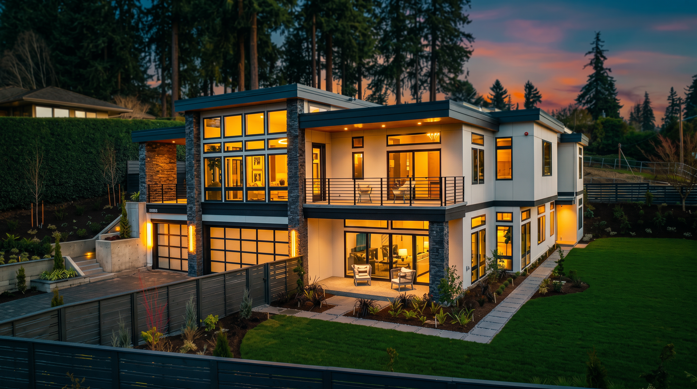This contemporary two-story residence features a striking modern design with a mix of smooth white siding, dark trim, and textured stone accents. The home boasts large windows and glass doors that create a seamless indoor-outdoor connection, including a spacious upper-level balcony and a ground-level patio. Set against a backdrop of mature evergreen trees at dusk, the property is framed by a modern horizontal-slat fence and a manicured lawn.