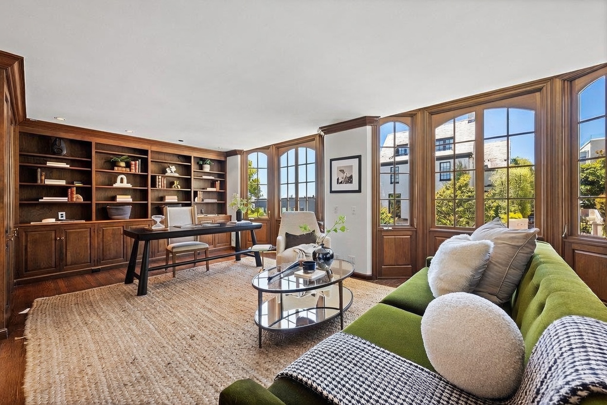 This sophisticated home office and lounge area features rich wood-paneled built-in shelving and a matching desk, creating a warm and professional atmosphere. A vibrant green sofa with plush pillows provides a comfortable seating area, complemented by a central glass-topped coffee table and a textured area rug. Large, multi-paned windows allow ample natural light to fill the room, offering a pleasant view of the exterior landscape.