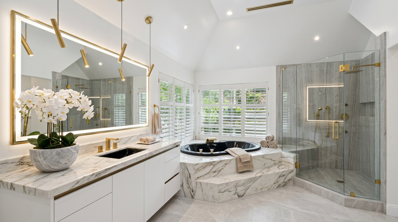 This luxurious primary bathroom features a stunning black jetted soaking tub set into a tiered white marble platform, complemented by a matching double vanity with gold fixtures. A spacious glass-enclosed shower with marbled tile walls adds to the high-end, spa-like aesthetic of the space. Bright natural light flows through the plantation shutters, highlighting the elegant combination of marble surfaces and modern gold hardware.