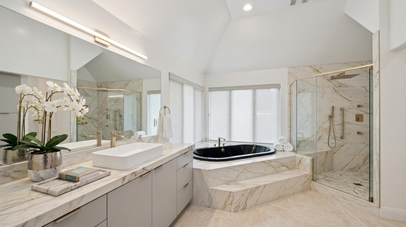 This elegant primary bathroom features a high-end design with marble-clad counters and a built-in step-up platform for the deep soaking tub. A spacious glass-enclosed shower, dual-tone cabinetry with gold fixtures, and bright, clean lines create a luxurious, spa-like atmosphere. The room is well-lit and cohesive, blending contemporary aesthetics with classic natural stone materials.