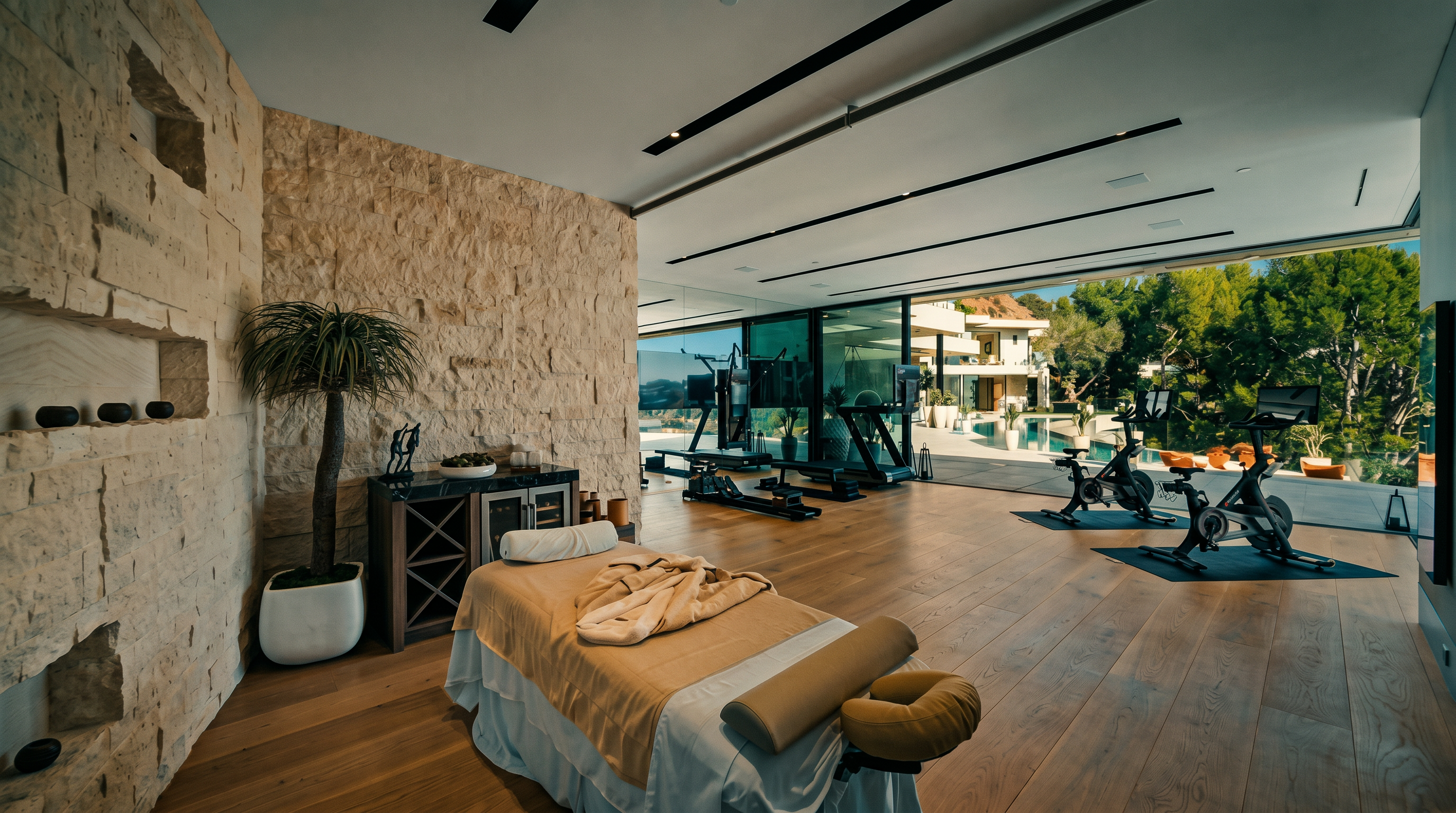 This luxurious, multi-functional wellness space seamlessly blends a professional-grade home gym with a serene massage therapy area. The room features light wood flooring, a striking textured stone accent wall, and floor-to-ceiling glass walls that open to an outdoor pool area, creating an airy, indoor-outdoor living experience. High-end fitness equipment, including stationary bikes and a rowing machine, is positioned to take advantage of the expansive views.