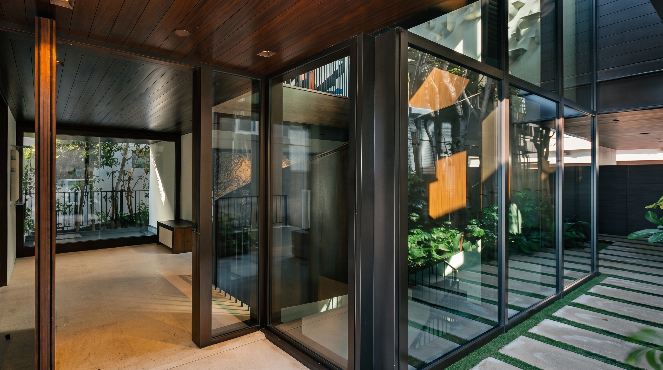 This modern architectural space features extensive floor-to-ceiling glass walls that create a seamless transition between the indoor living area and an outdoor courtyard. The design utilizes dark wood ceilings and sleek metal framing, complemented by a stone-paved walkway set into a lush garden bed. The perspective captures the interplay of light and transparency, emphasizing a sophisticated, contemporary aesthetic.