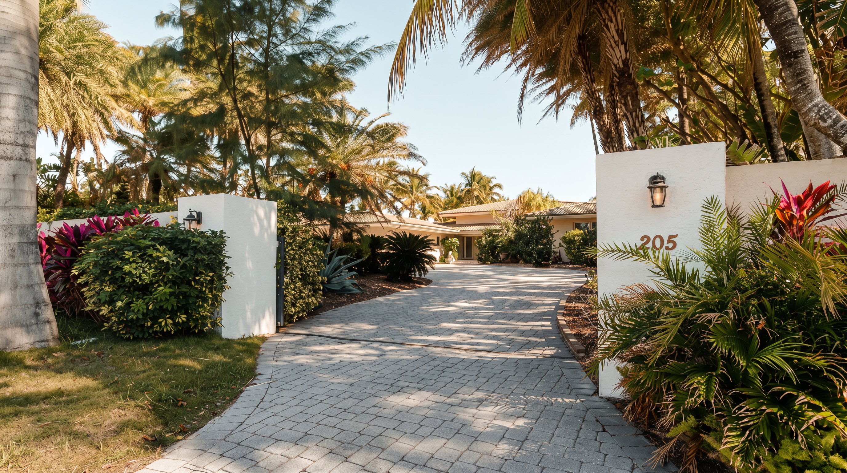 This image captures the gated entrance to a private residence, featuring a paved driveway leading toward a home nestled among lush tropical landscaping. White stucco pillars frame the entrance, with the number '205' displayed on the right pillar alongside a wall-mounted lantern. The scene is bathed in bright, natural sunlight, highlighting the vibrant green foliage and palm trees that provide a sense of seclusion and tropical elegance.