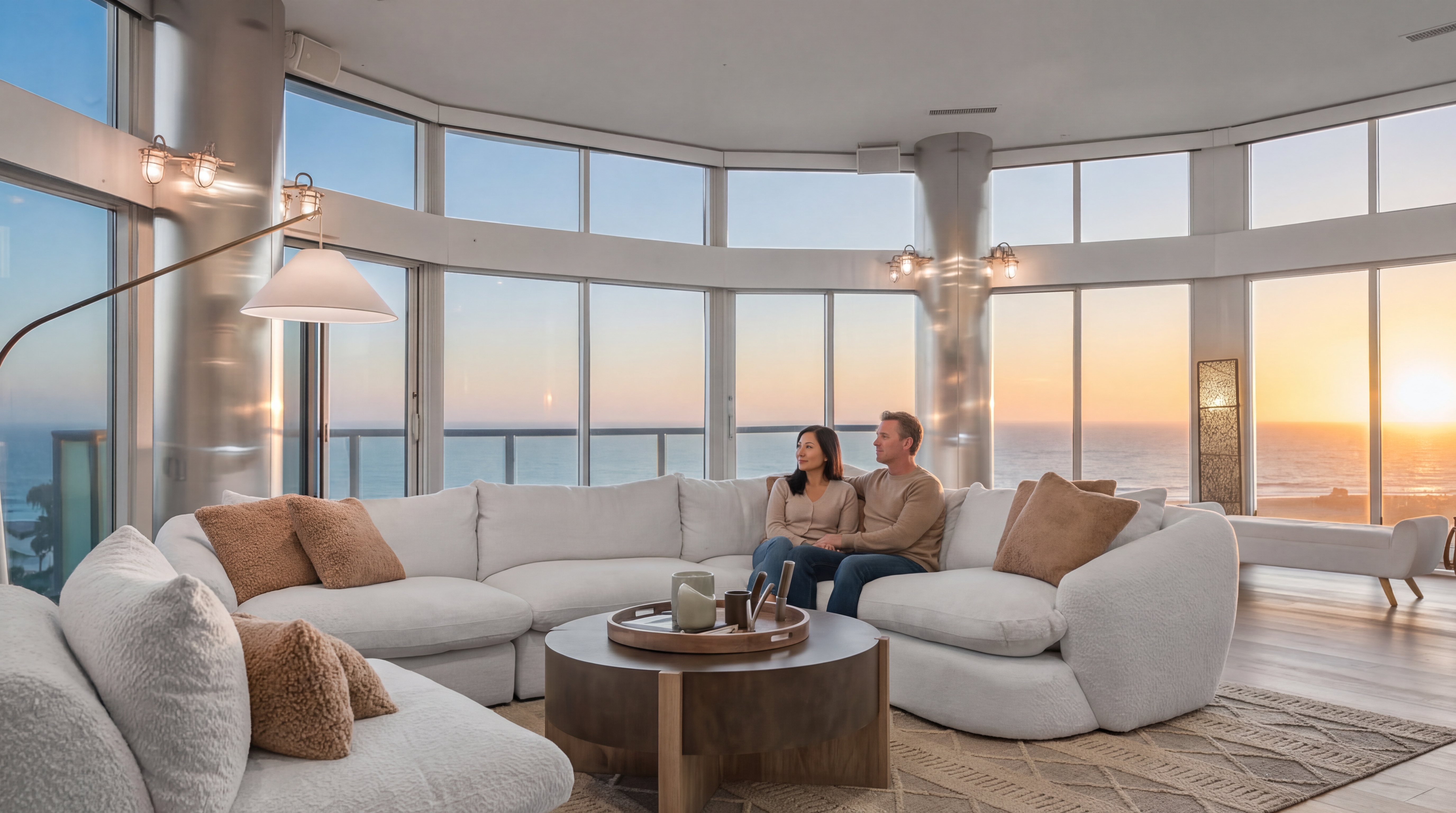 This modern, open-concept living room features a expansive wraparound white sectional sofa centered around a circular wooden coffee table. Floor-to-ceiling panoramic windows offer breathtaking sunset views of the ocean, highlighting the property's prime beachfront location. The neutral color palette and minimalist aesthetic create an elegant and serene atmosphere, perfect for a high-end coastal residence.