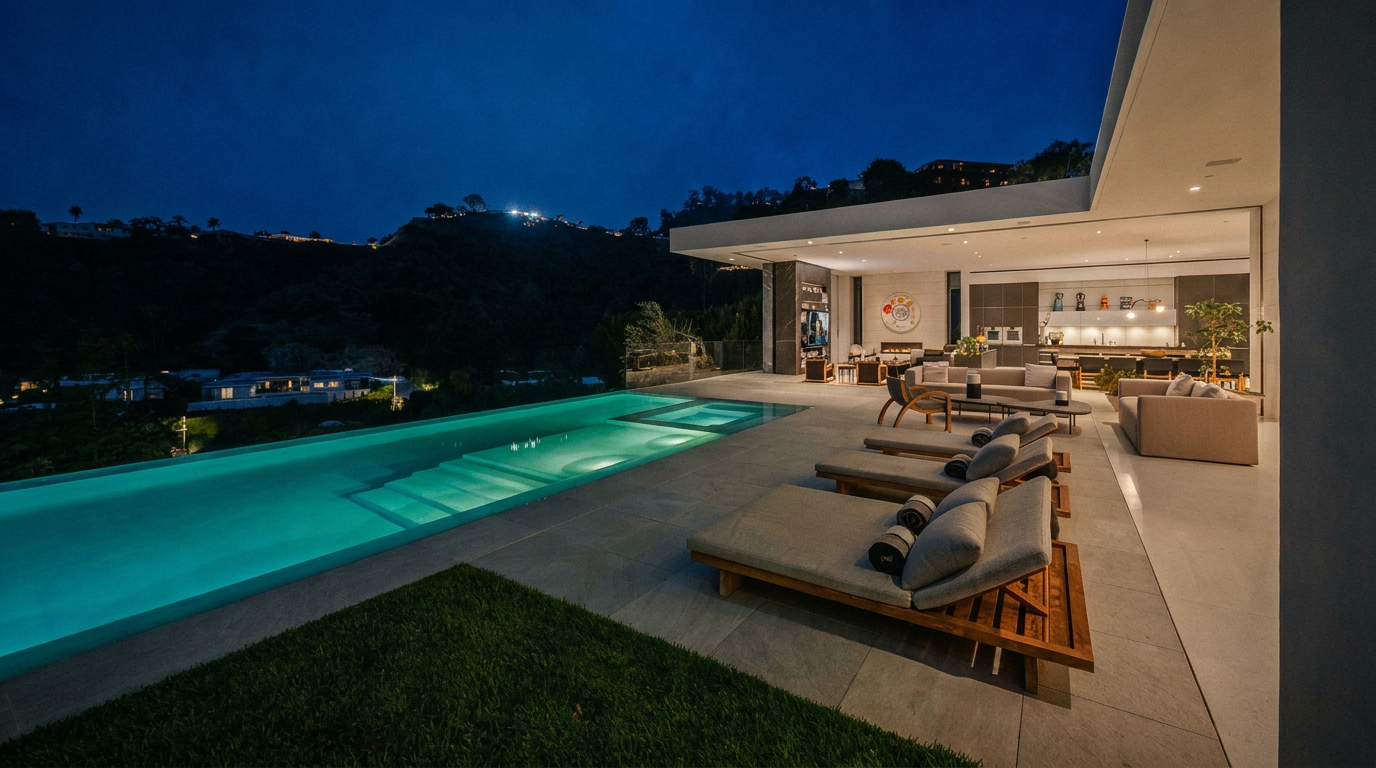 This stunning modern luxury estate features a seamless indoor-outdoor living space highlighted by a sleek infinity-edge pool overlooking a hillside at dusk. The expansive stone patio is furnished with contemporary lounge chairs and outdoor seating, creating an ideal environment for sophisticated entertaining. The architectural design emphasizes clean lines and open-concept living, perfectly capturing the serene atmosphere of a high-end hillside retreat.