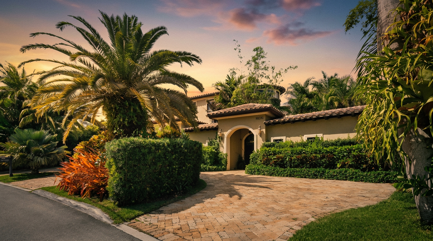 This front-facing view captures a Mediterranean-style residence with a paved driveway leading to an arched entryway. The property is framed by lush tropical landscaping, including a prominent palm tree and manicured hedges, under a bright blue sky. The warm-toned exterior walls and tiled roof contribute to an inviting and upscale curb appeal.